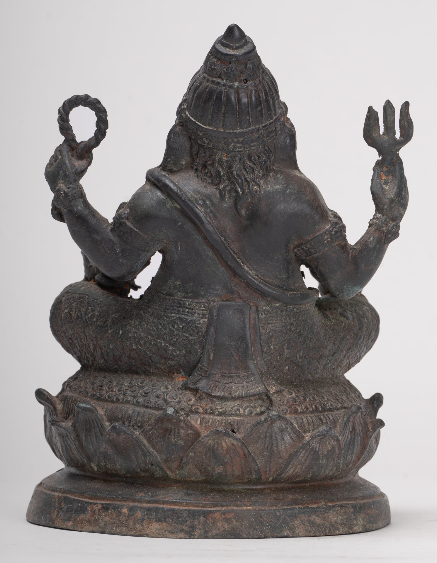 Ganesha Statue - Antique Thai Style Bronze Seated 4-Arm Ganesha Statue - 20cm/8"