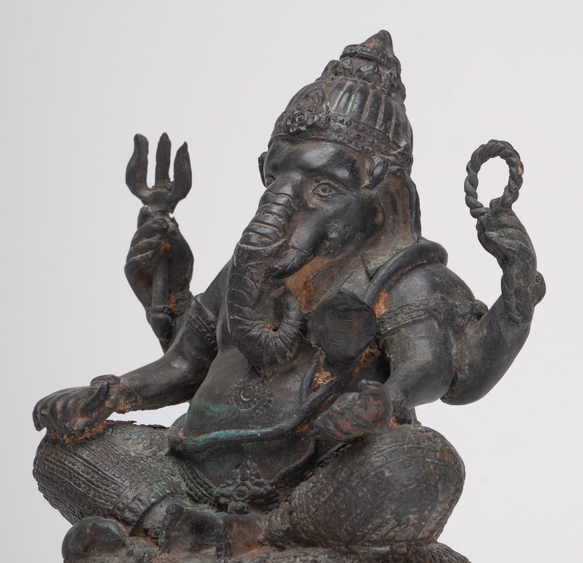 Ganesha Statue - Antique Thai Style Bronze Seated 4-Arm Ganesha Statue - 20cm/8"