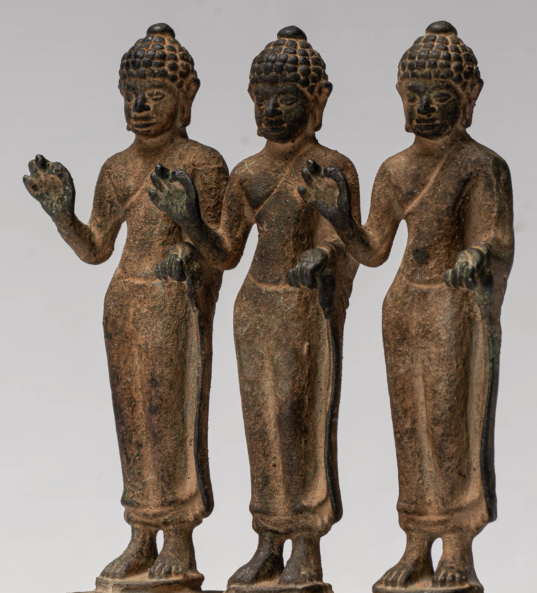 Buddha Statue - Antique Thai Style Standing Bronze Teaching Buddha Statue Triptych- 11.5cm/5"