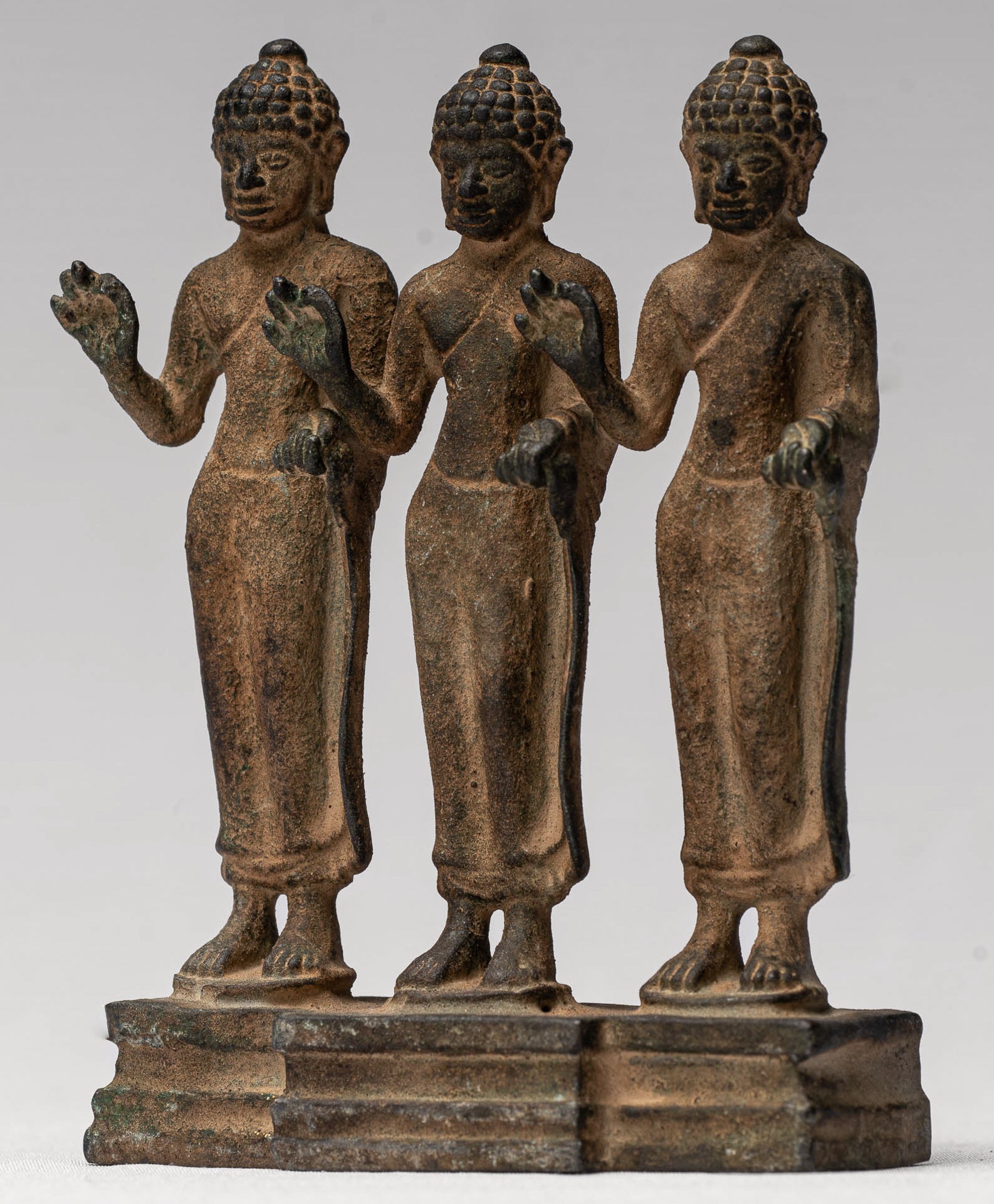 Buddha Statue - Antique Thai Style Standing Bronze Teaching Buddha Statue Triptych- 11.5cm/5"