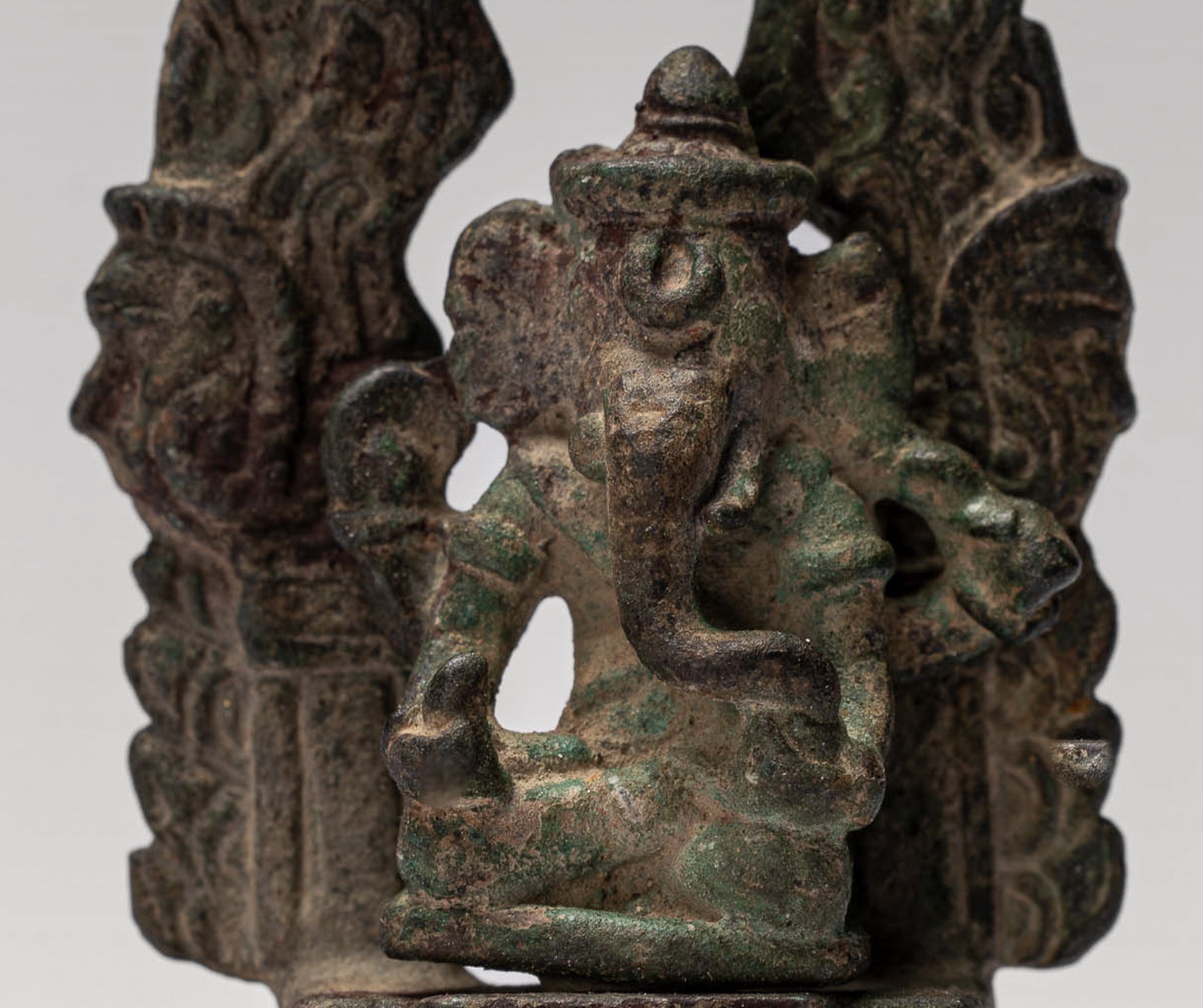 Ganesha Statue - Antique Thai Style Enthroned Bronze Seated Ganesha Statue - 6.5cm/3"