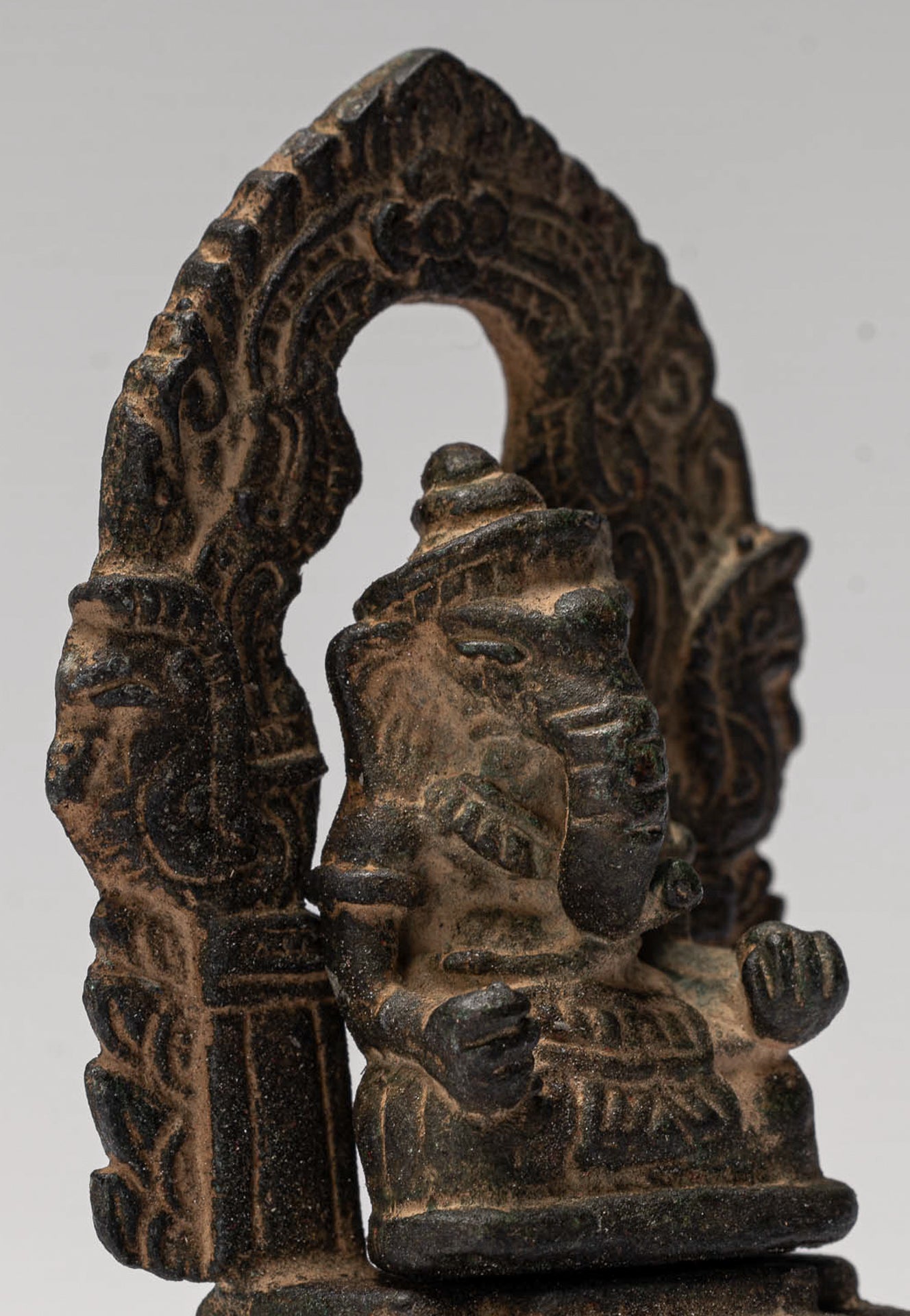 Ganesha Statue - Antique Thai Style Enthroned Bronze Seated Ganesha Statue - 6.5cm/3"