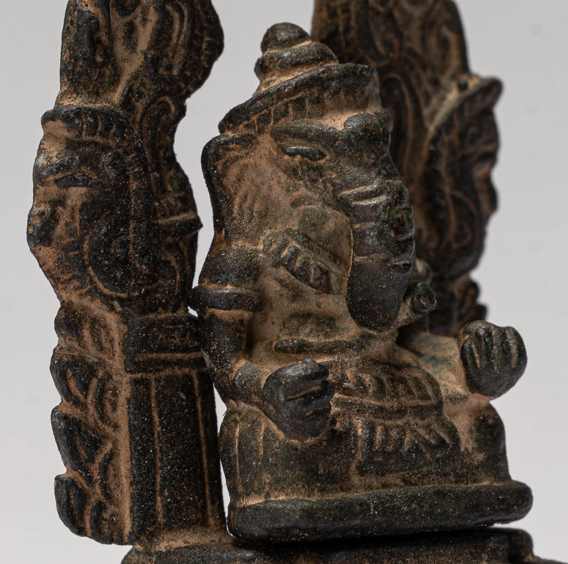 Ganesha Statue - Antique Thai Style Enthroned Bronze Seated Ganesha Statue - 6.5cm/3"