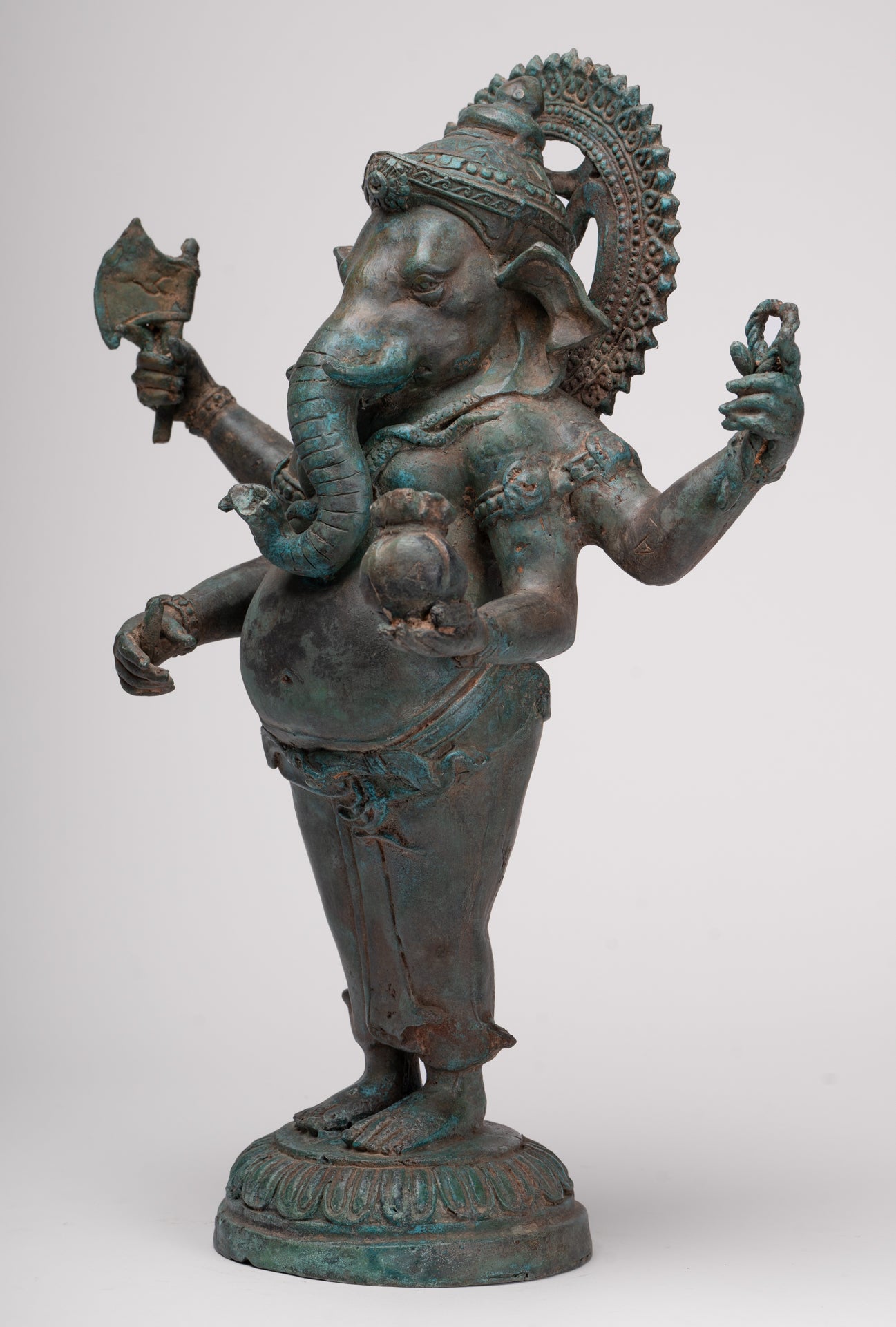 Ganesha Statue - Antique Thai Style Bronze Standing 4-Arm Ganesha Statue - 42cm/17"