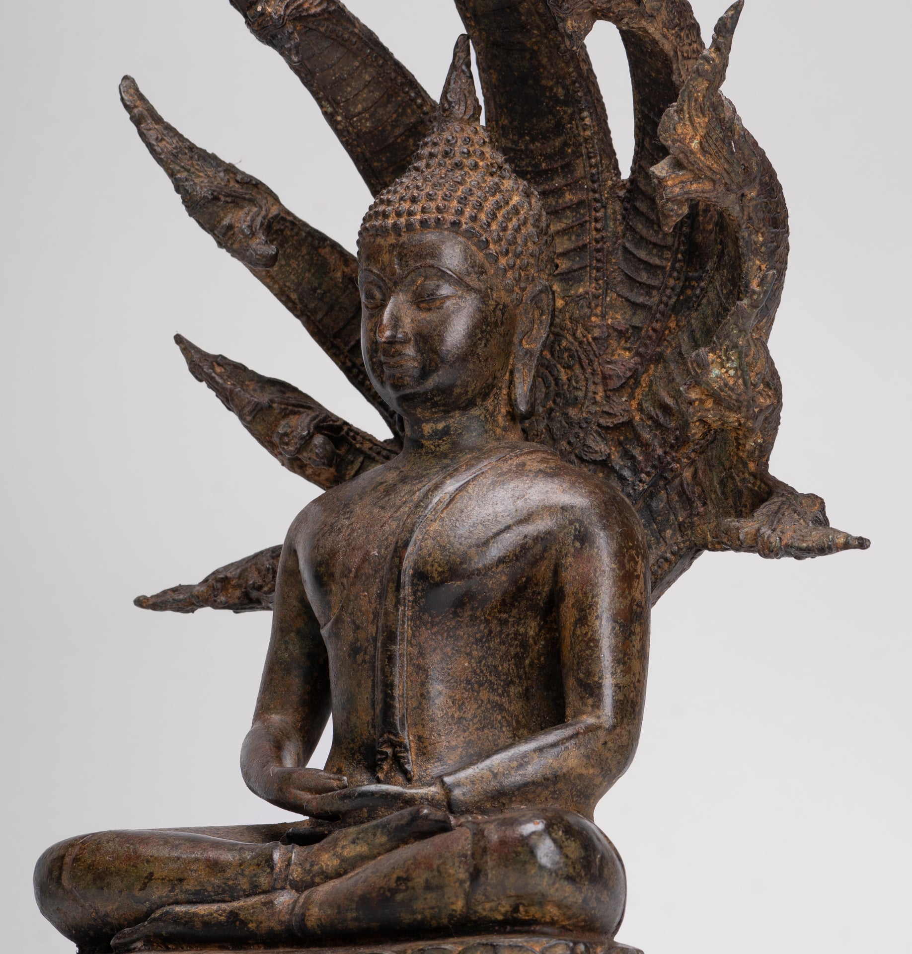 Buddha Statue - Antique Thai Style Seated Bronze Naga Meditation Buddha - 53cm/21"