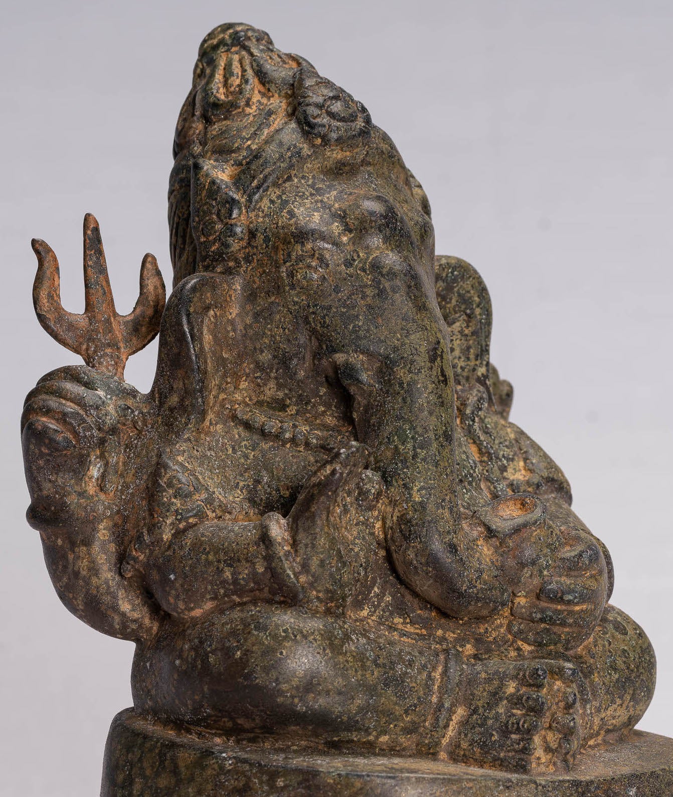 Ganesha Statue - Antique Thai Style Bronze Seated 4-Arm Ganesha Statue - 21cm/8"