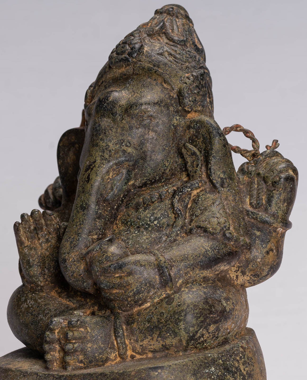 Ganesha Statue - Antique Thai Style Bronze Seated 4-Arm Ganesha Statue - 21cm/8"