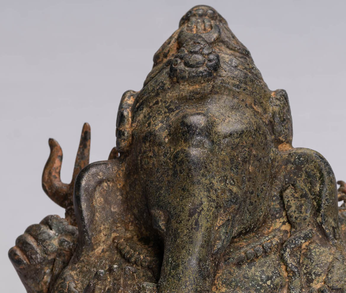 Ganesha Statue - Antique Thai Style Bronze Seated 4-Arm Ganesha Statue - 21cm/8"