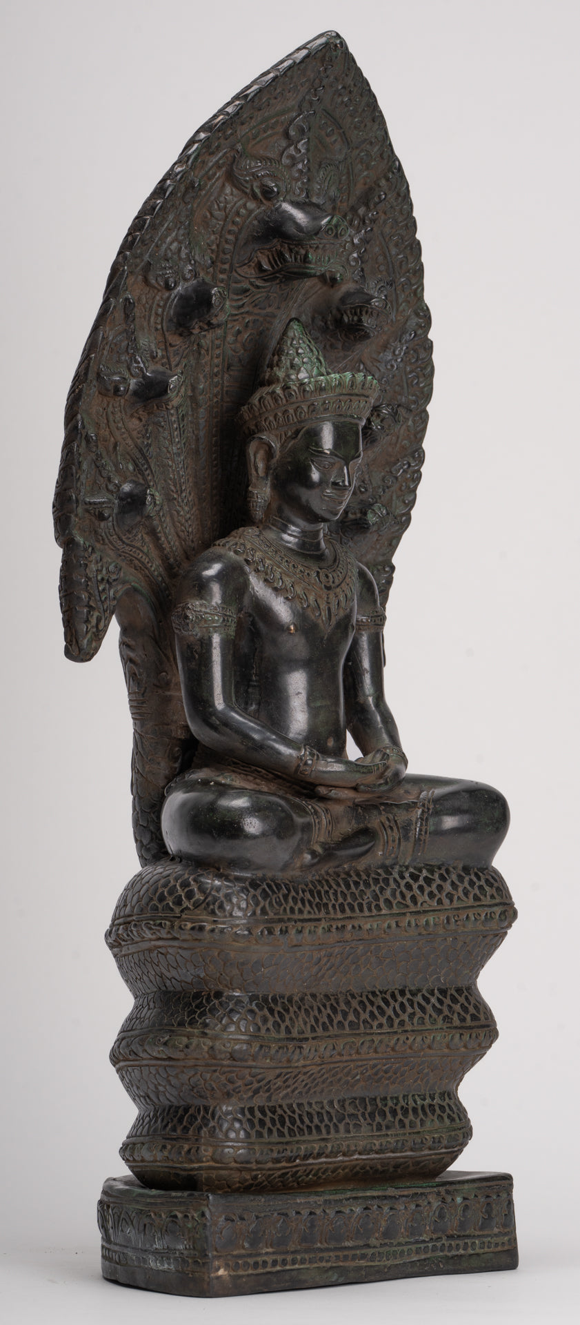 Antique Khmer Style Bronze Seated Meditation Naga Buddha Statue - 52cm/21"