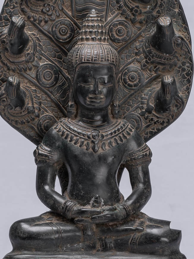 Statue di Buddha - Antique Bayon in stile bayon Khmer seduto in bronzo Naga Meditazione Buddha - 43 cm/17 "