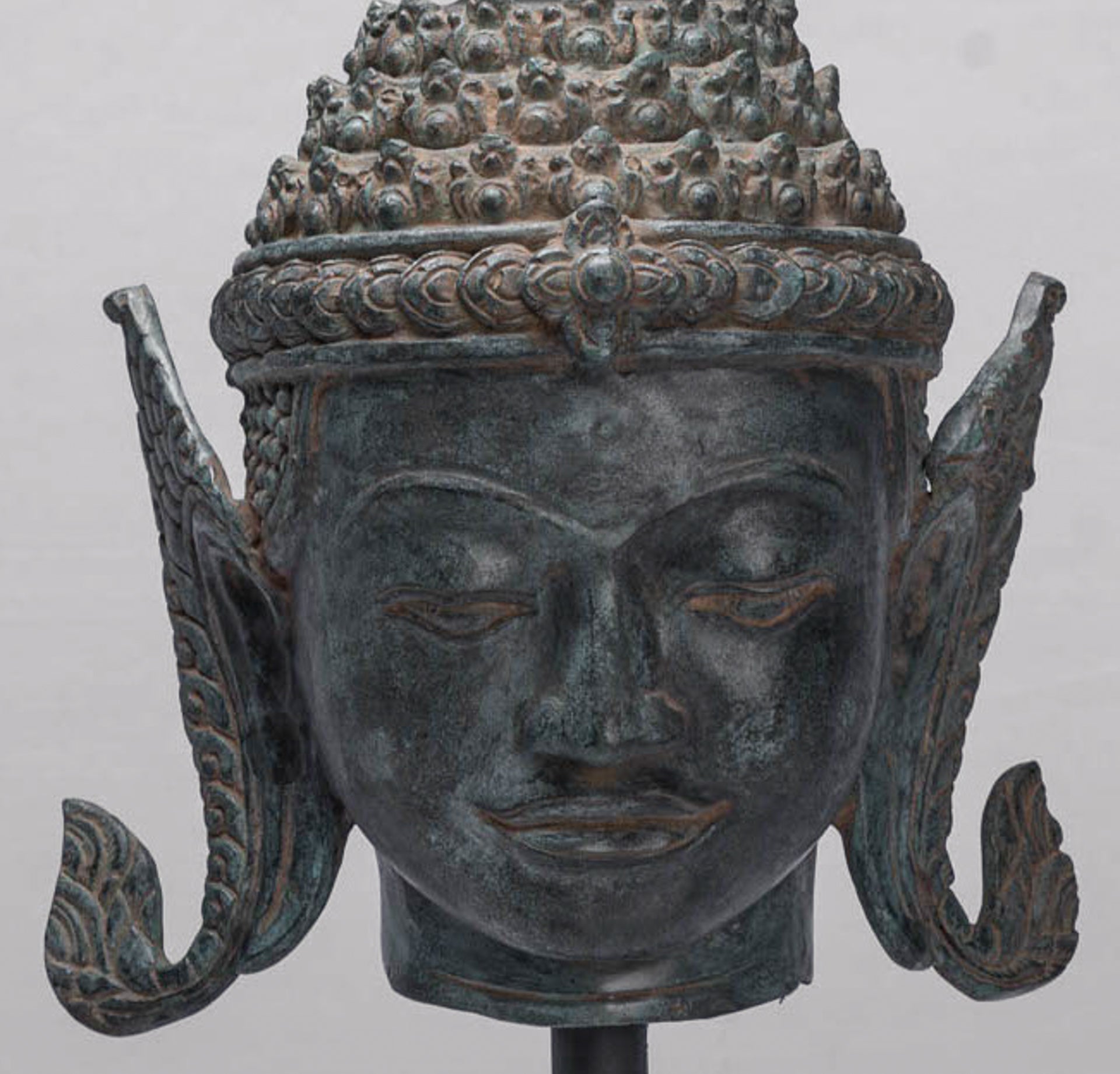 Buddha - Antique Thai Style Bronze Rattanakosin Buddha Head Statue - 66cm/26"