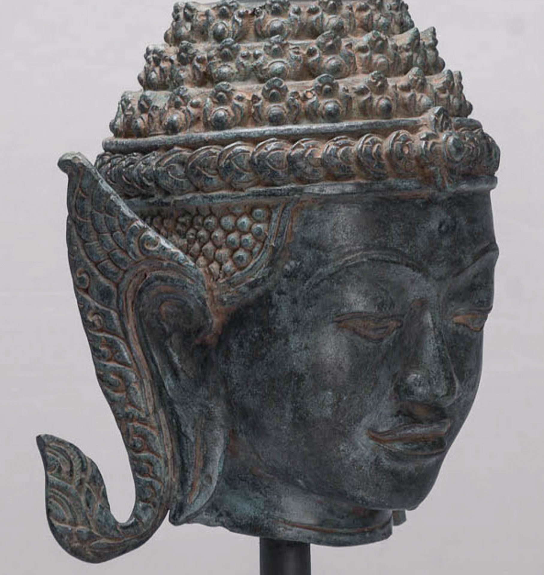 Buddha - Antique Thai Style Bronze Rattanakosin Buddha Head Statue - 66cm/26"