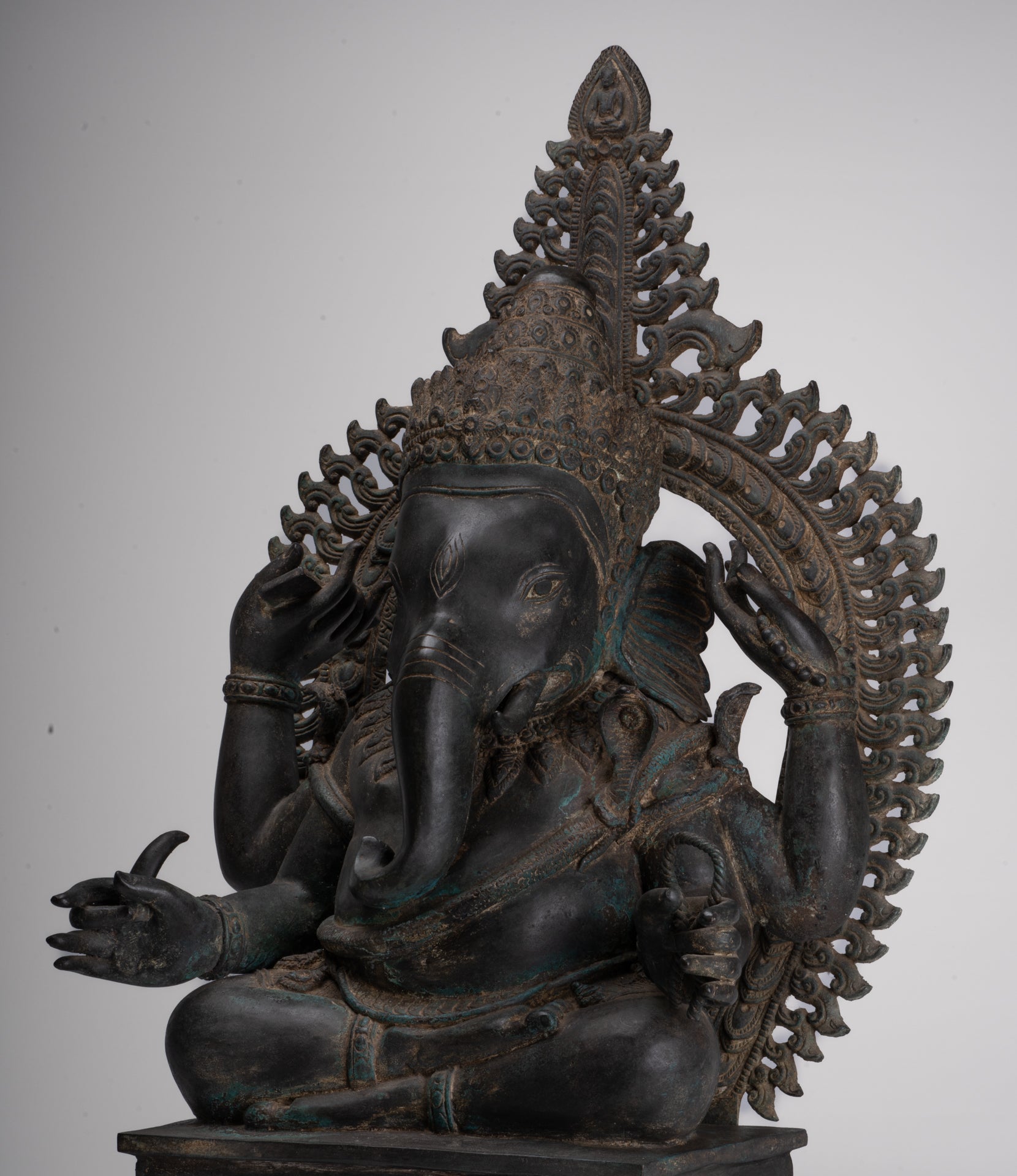 Ganesha Statue - Antique Thai Style Bronze Seated 4-Arm Ganesha Statue - 84cm/34"