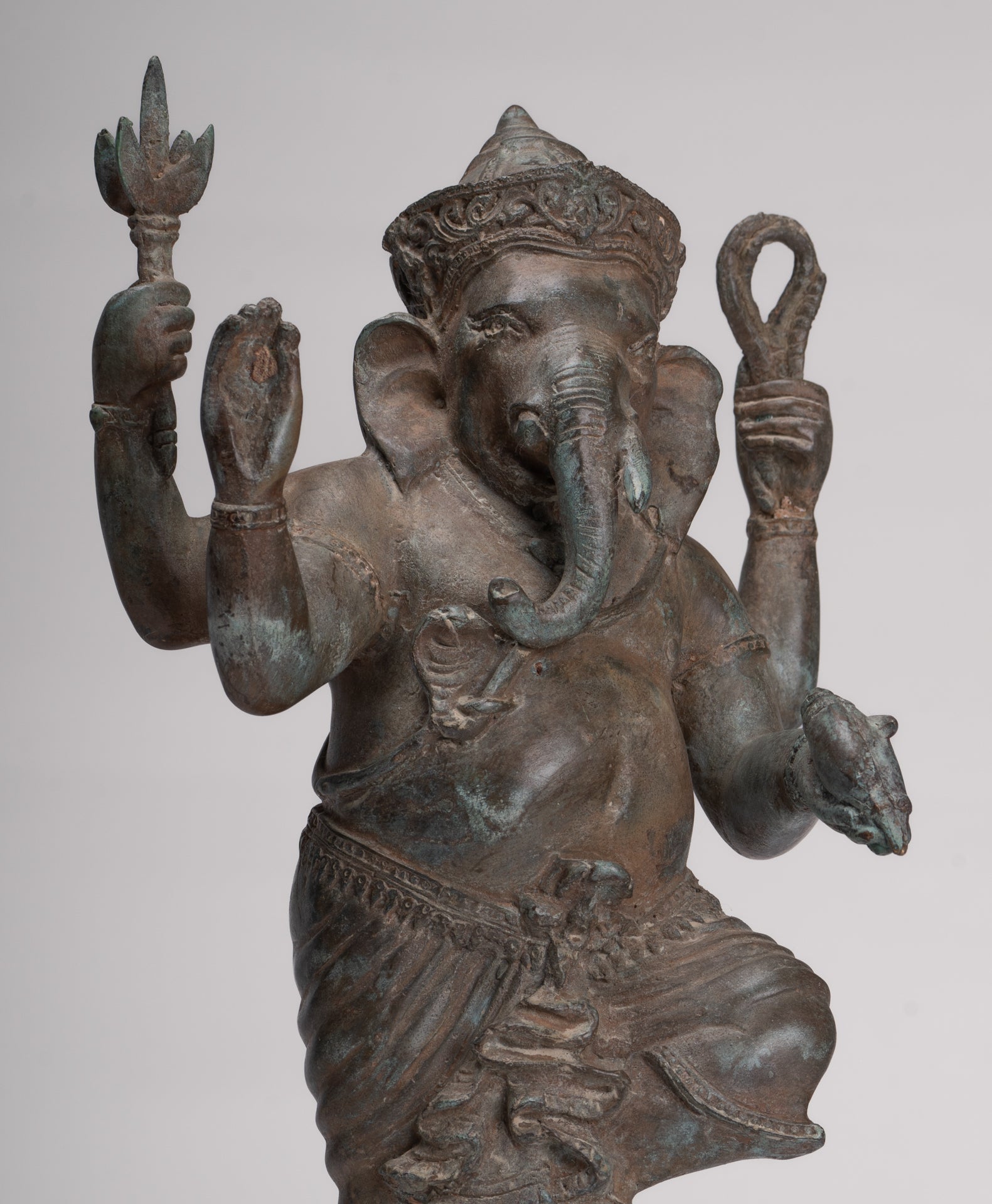 Ganesha Statue - Antique Thai Style Bronze Standing 4-Arm Ganesha Statue - 36cm/14"