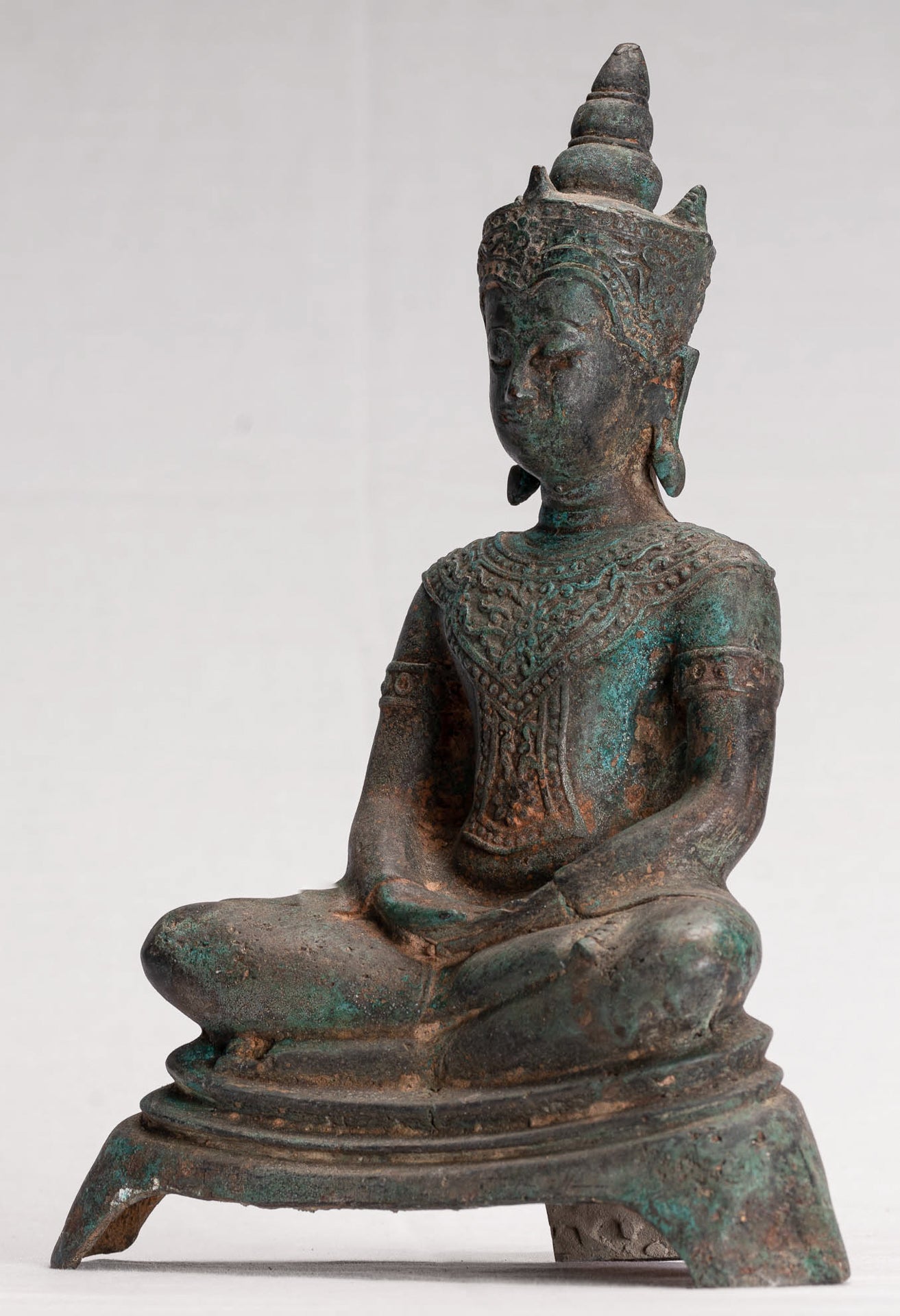 Antique Thai Style Seated Bronze Ayutthaya Meditation Buddha Statue - 26cm/10"