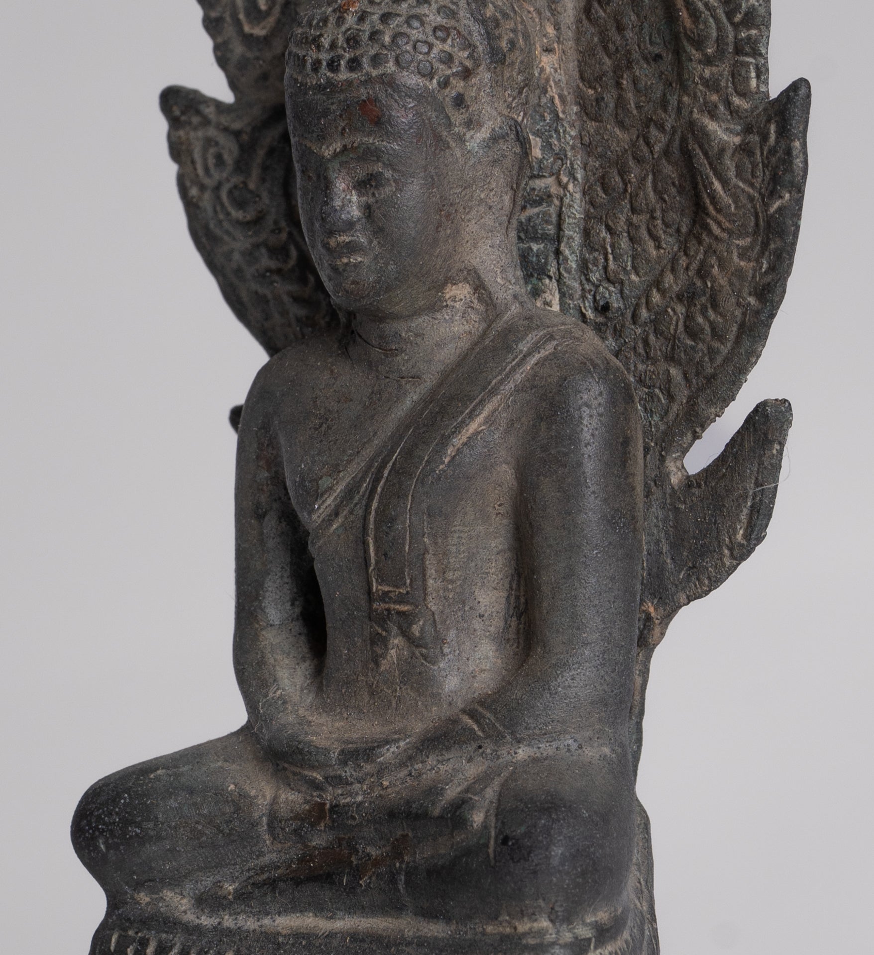 Buddha Statue - Antique Sukhothai Style Bronze Meditating Naga Buddha Statue - 21cm/8"