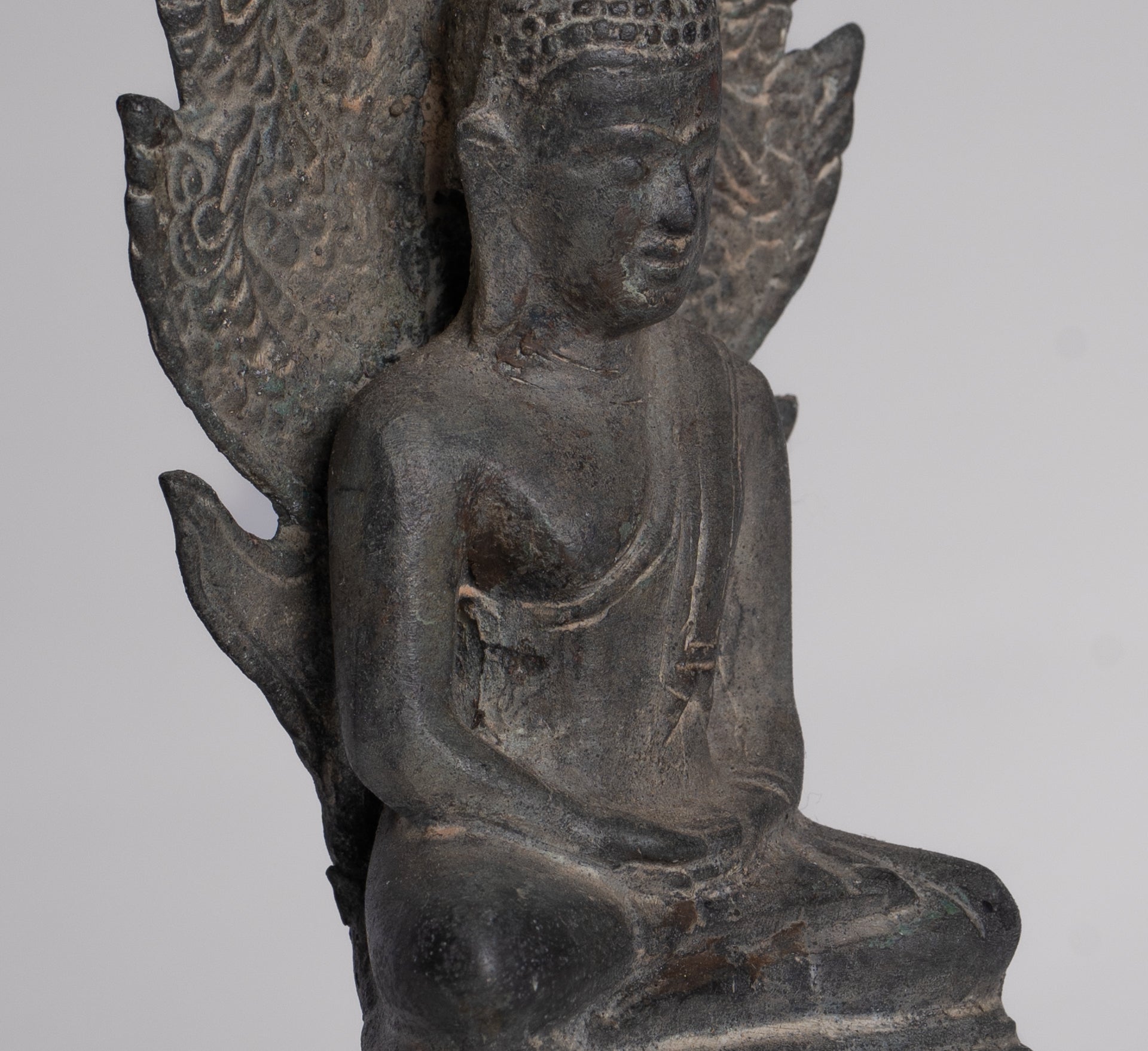 Buddha Statue - Antique Sukhothai Style Bronze Meditating Naga Buddha Statue - 21cm/8"