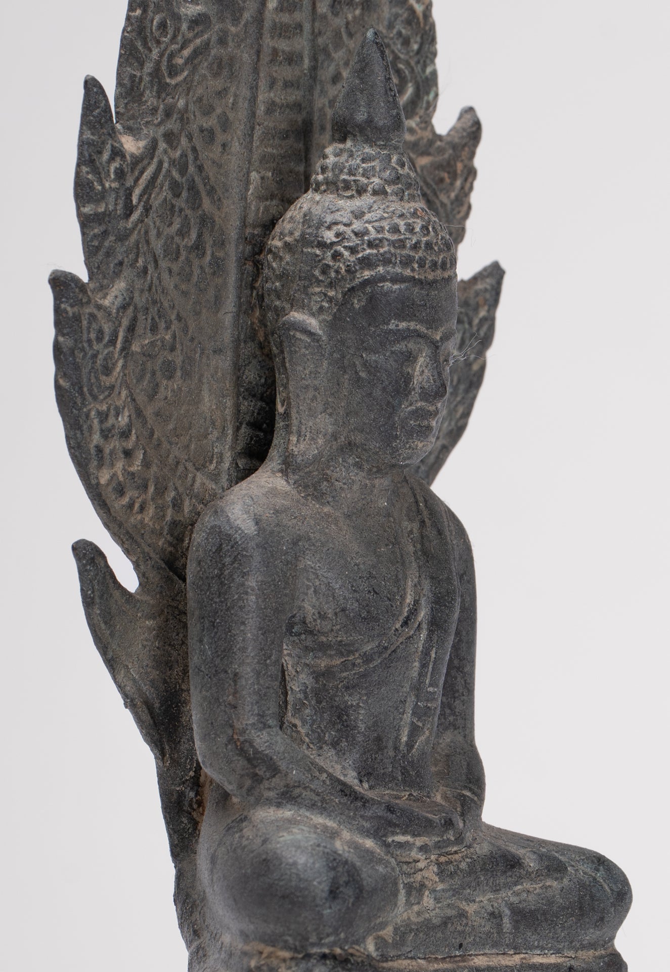 Buddha Statue - Antique Sukhothai Style Bronze Meditating Naga Buddha Statue - 21cm/8"