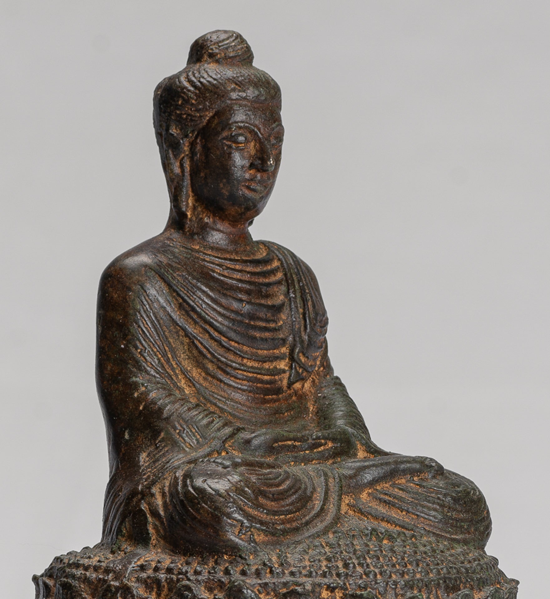 Indian Buddha Statue - Antique Gandhara Style Bronze Meditation Buddha Statue - 21cm/8"