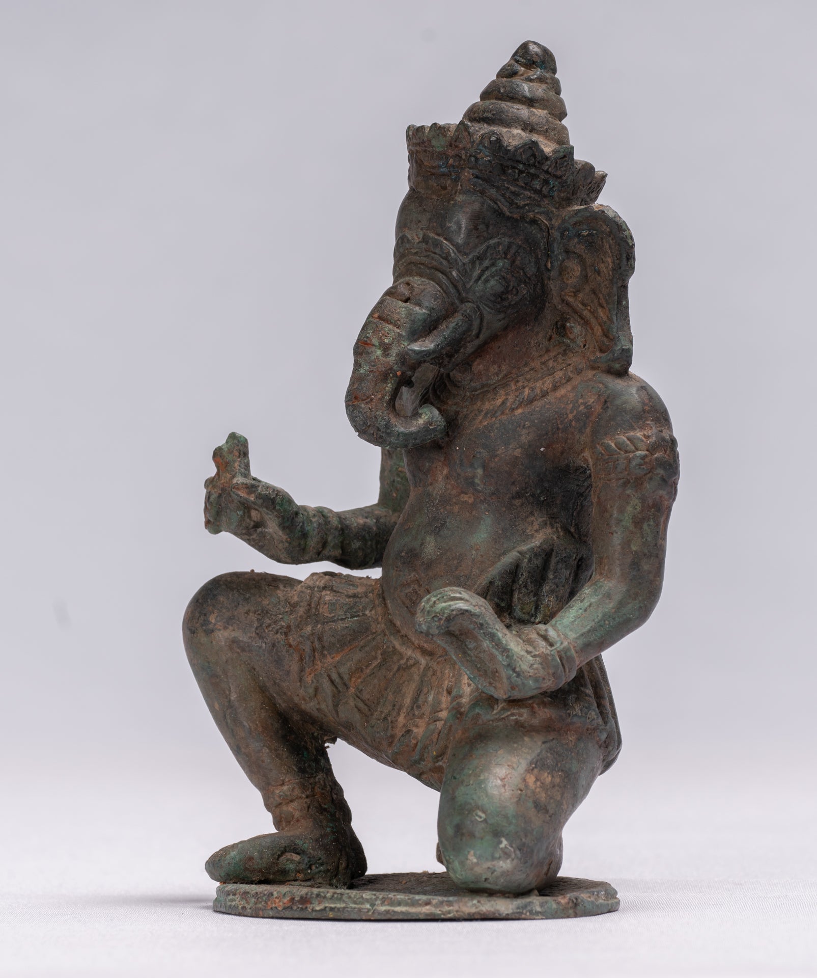 Ganesha Statue - Antique Thai Style Bronze Kneeling Ganesh Statue - 17cm/7"
