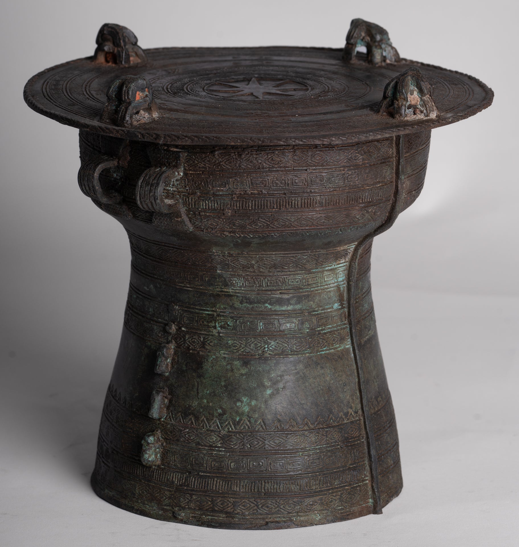 Thai Rain Drum - Antique Thai Style Bronze Free Standing Frog Rain Drum - 19cm/8"