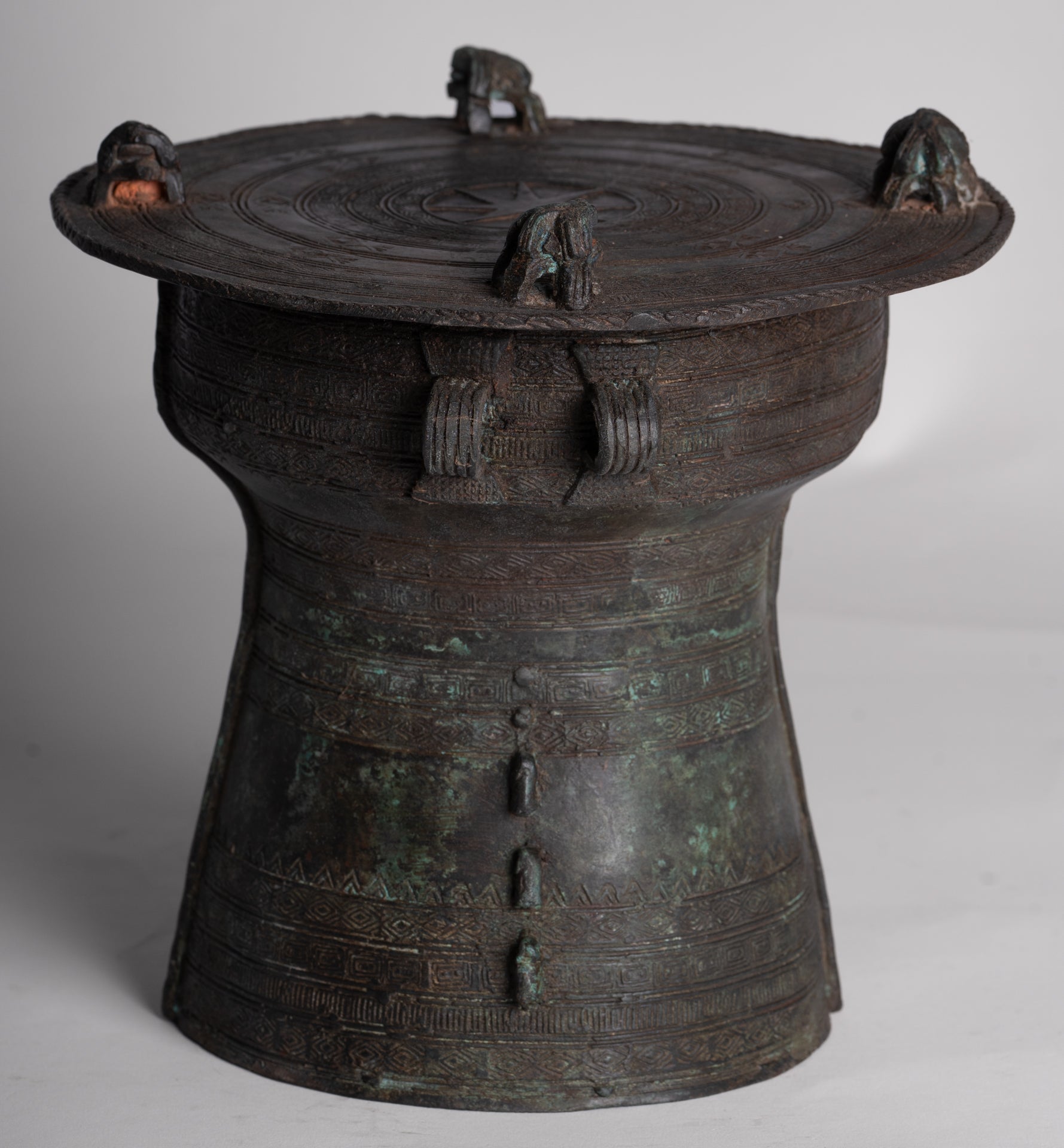 Thai Rain Drum - Antique Thai Style Bronze Free Standing Frog Rain Drum - 19cm/8"