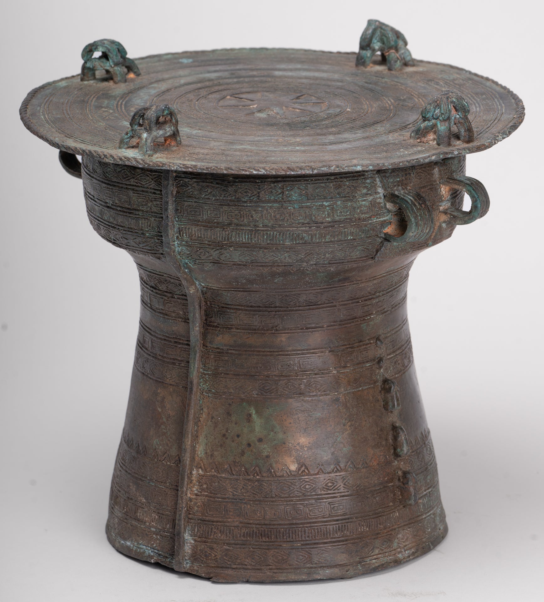 Thai Rain Drum - Antique Thai Style Bronze Free Standing Frog Rain Drum - 19cm/8"