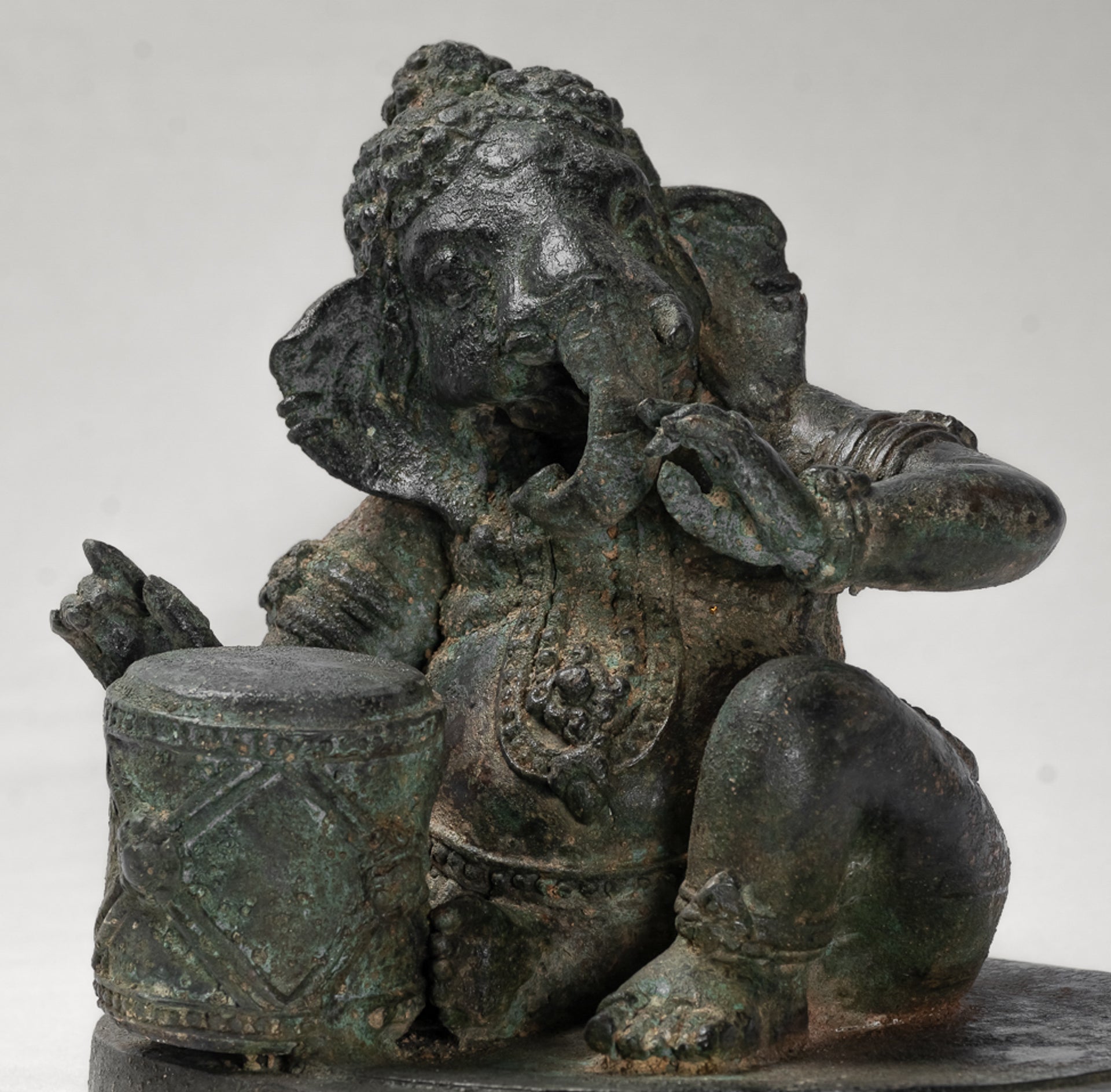 Ganesha Statue - Antique Thai Style Bronze Seated Ganesha Statue with Drum - 20cm/8"