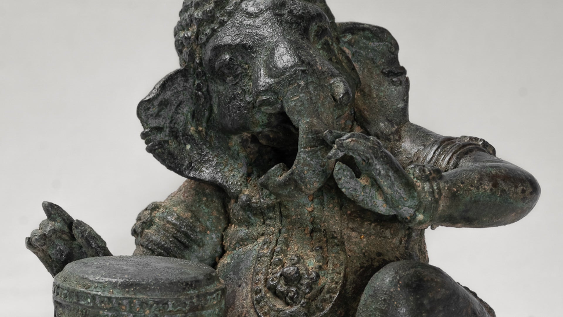 Ganesha Statue - Antique Thai Style Bronze Seated Ganesha Statue with Drum - 20cm/8"