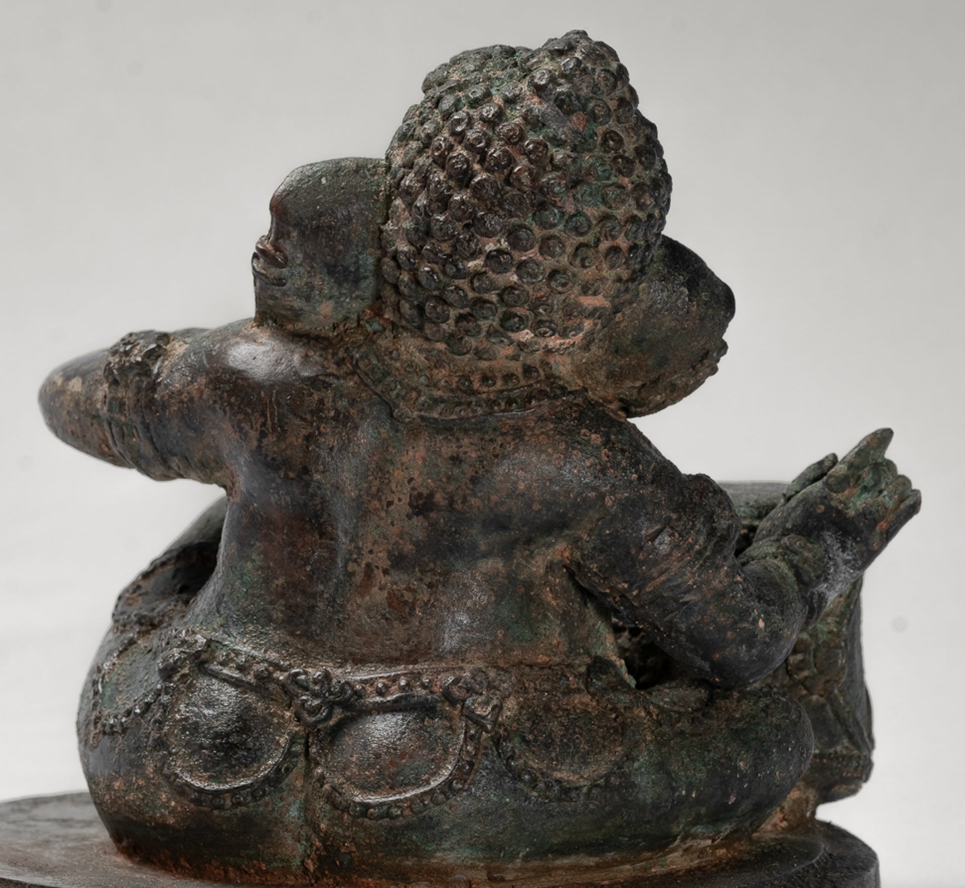 Ganesha Statue - Antique Thai Style Bronze Seated Ganesha Statue with Drum - 20cm/8"