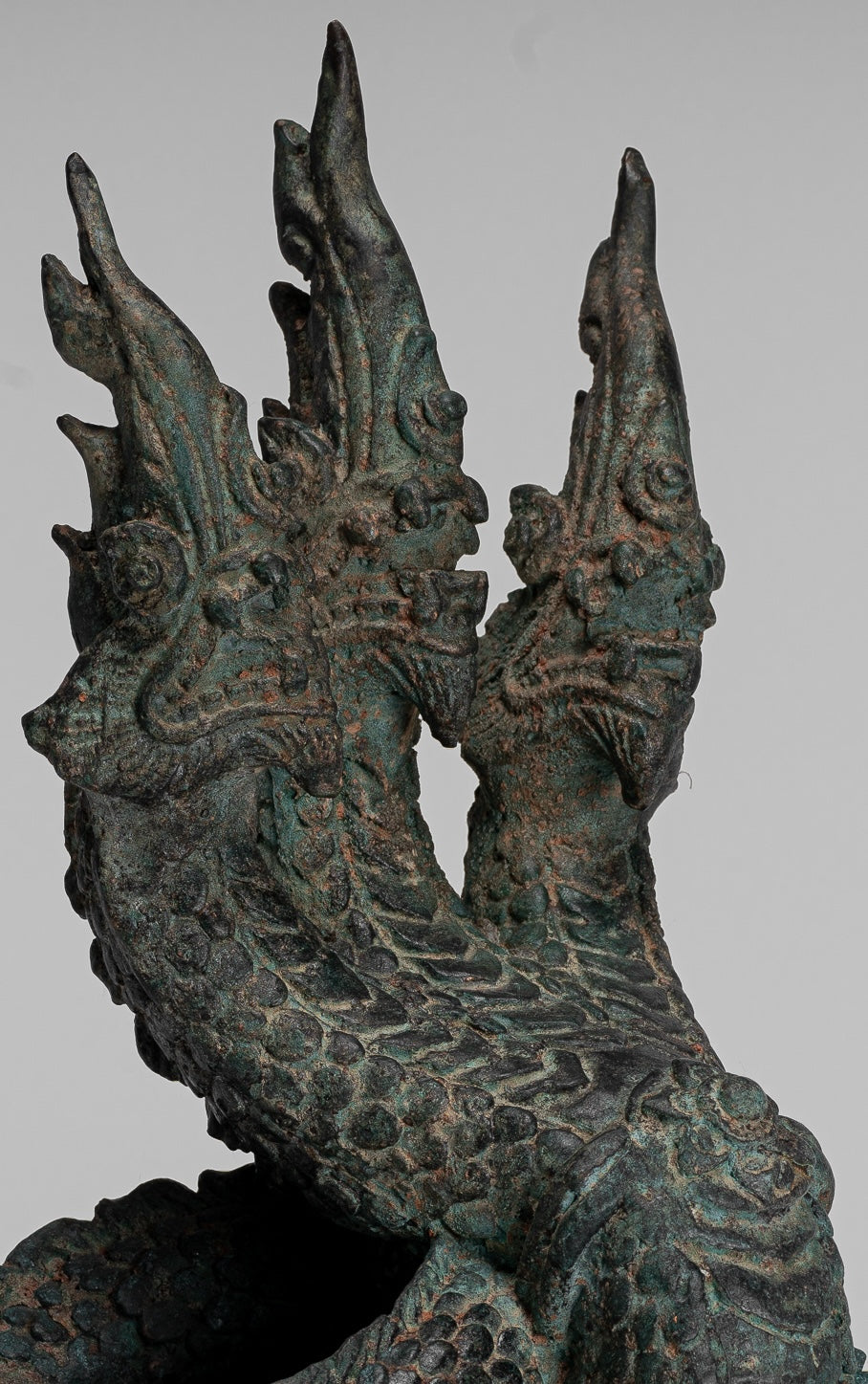 Antique Thai Style Bronze Protective Three Headed Naga, Snake or Serpent Statue - 30cm/12"