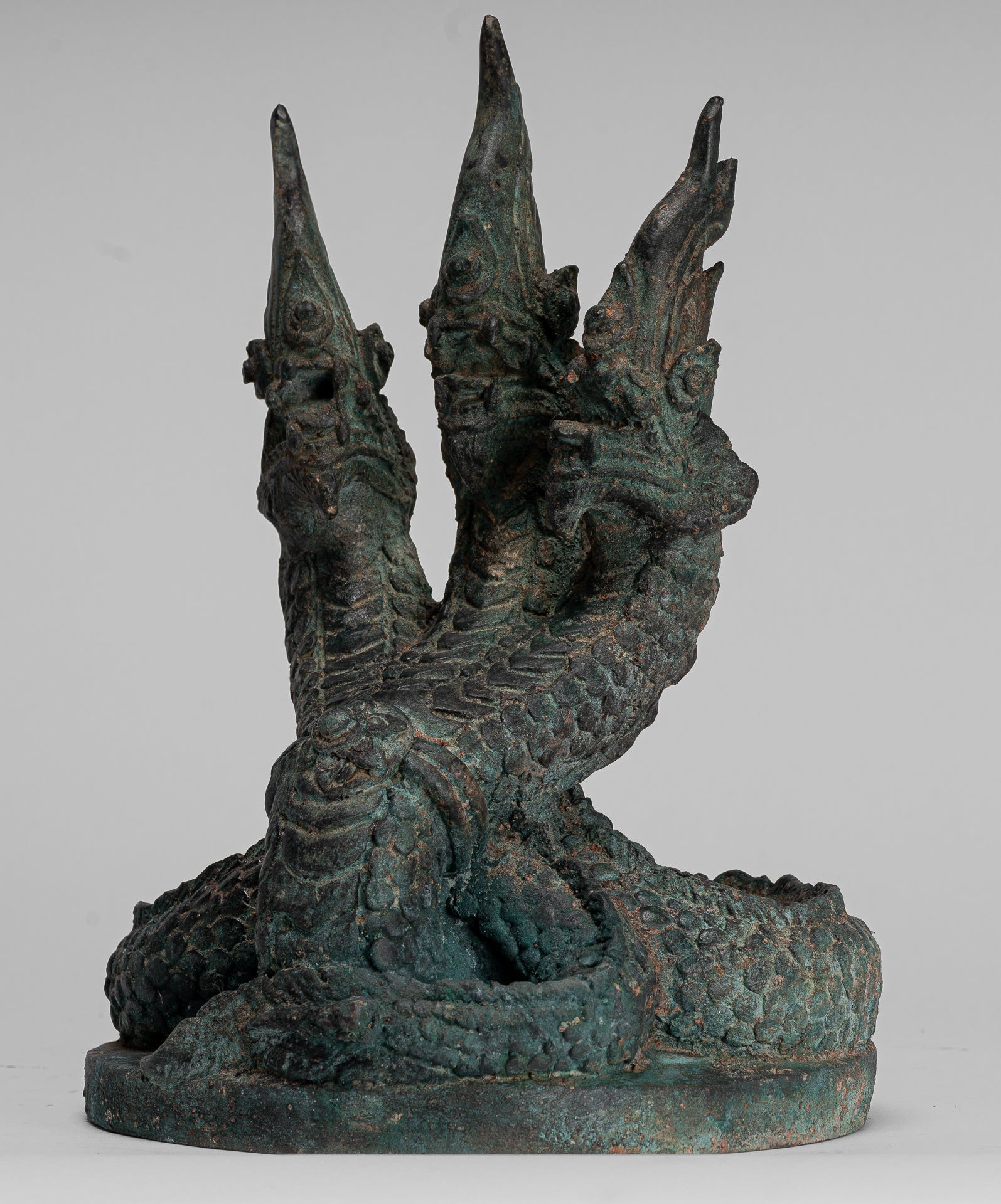 Antique Thai Style Bronze Protective Three Headed Naga, Snake or Serpent Statue - 30cm/12"