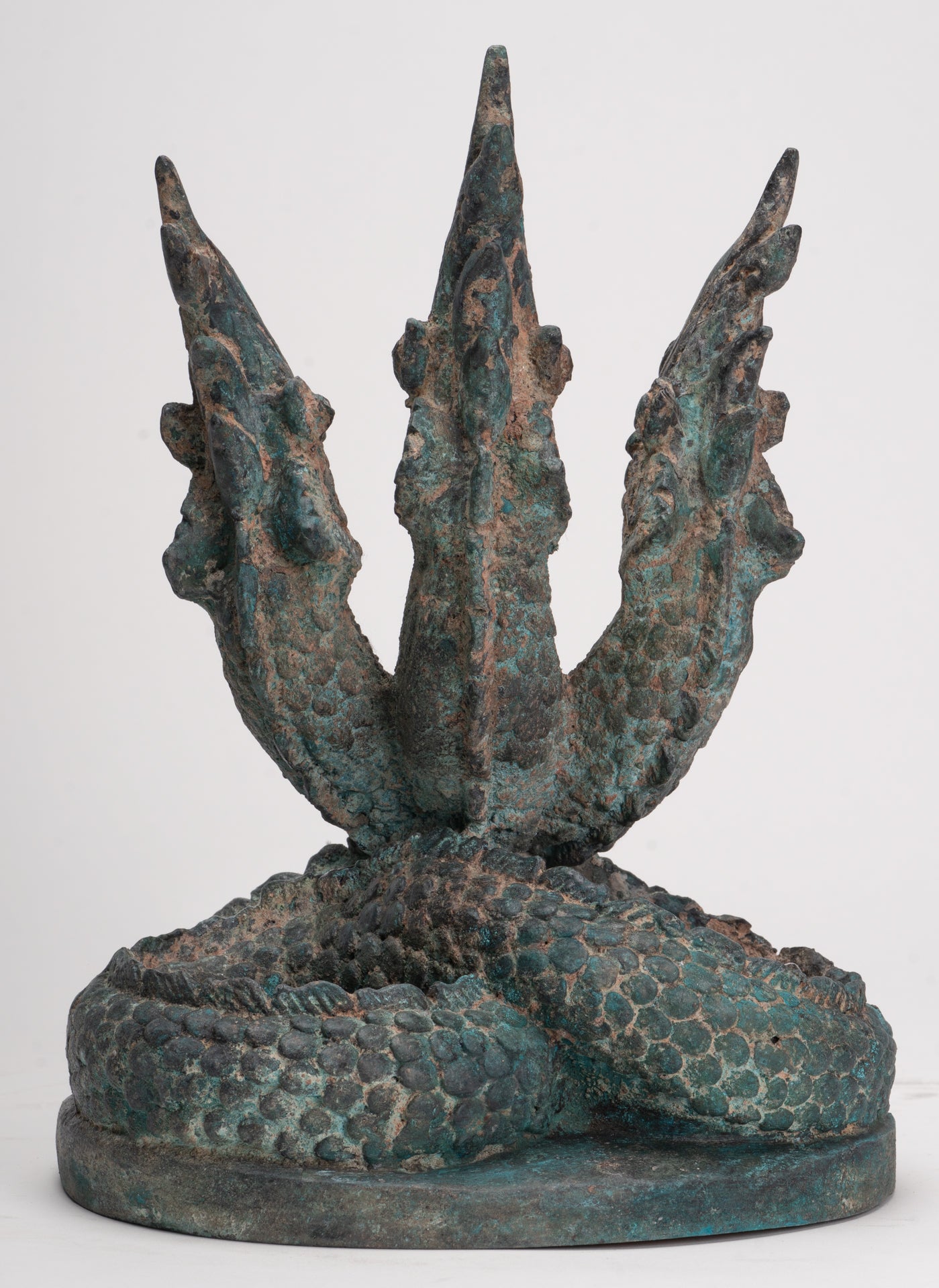 Antique Thai Style Bronze Protective Three Headed Naga, Snake or Serpent Statue - 32cm/13"