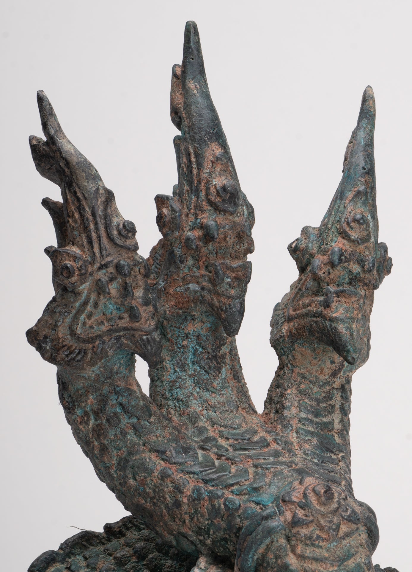 Antique Thai Style Bronze Protective Three Headed Naga, Snake or Serpent Statue - 32cm/13"