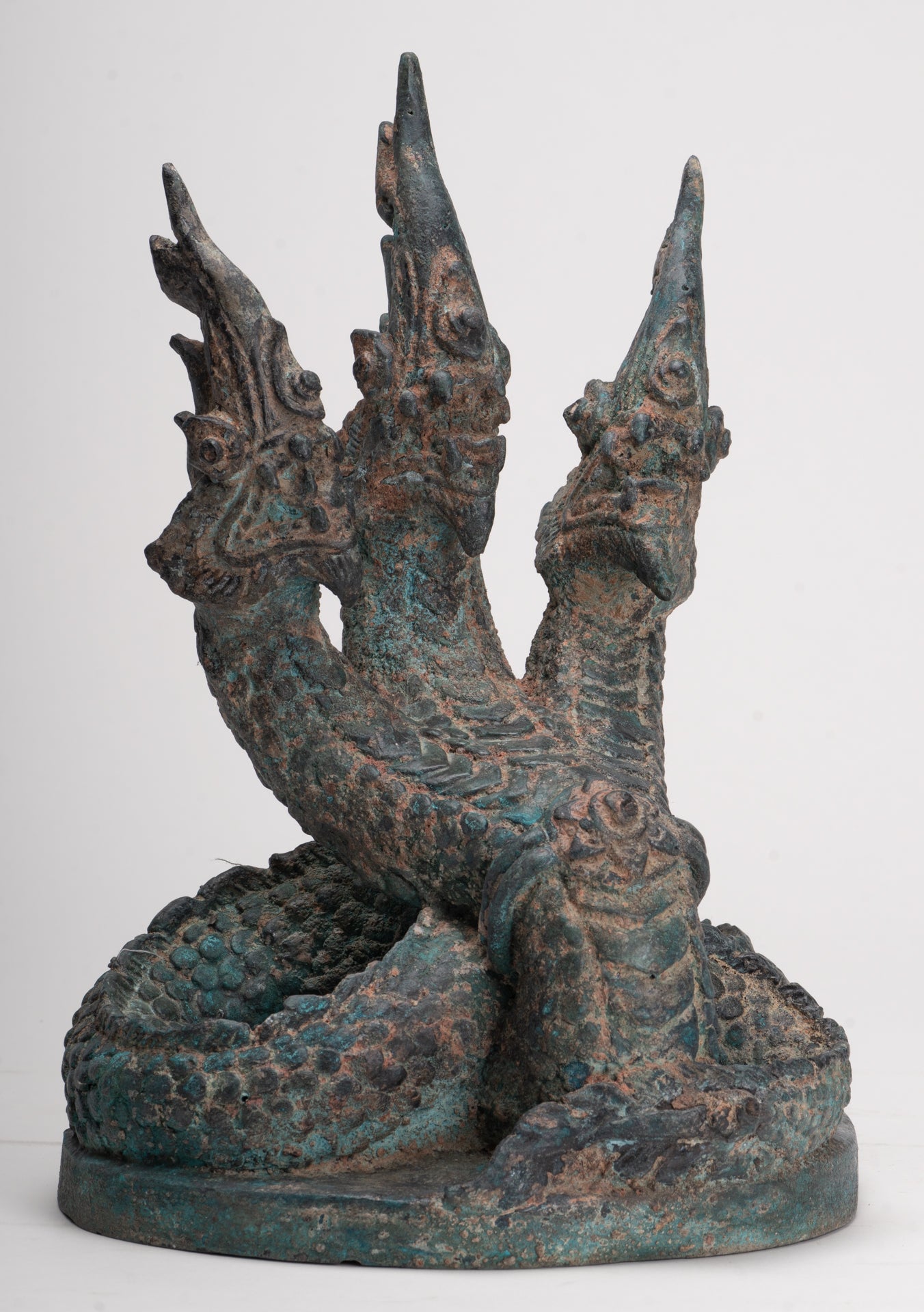 Antique Thai Style Bronze Protective Three Headed Naga, Snake or Serpent Statue - 32cm/13"