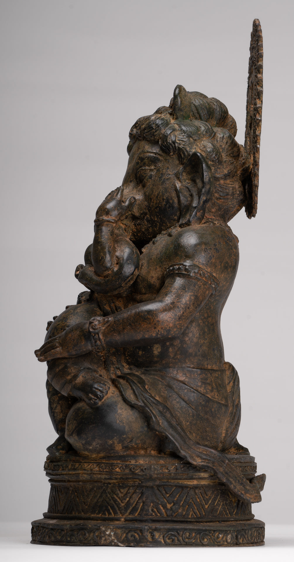 Ganesha Statue - Antique Chola Style Seated Bronze Ganesh Statue with Baby Ganesh - 37cm/15"