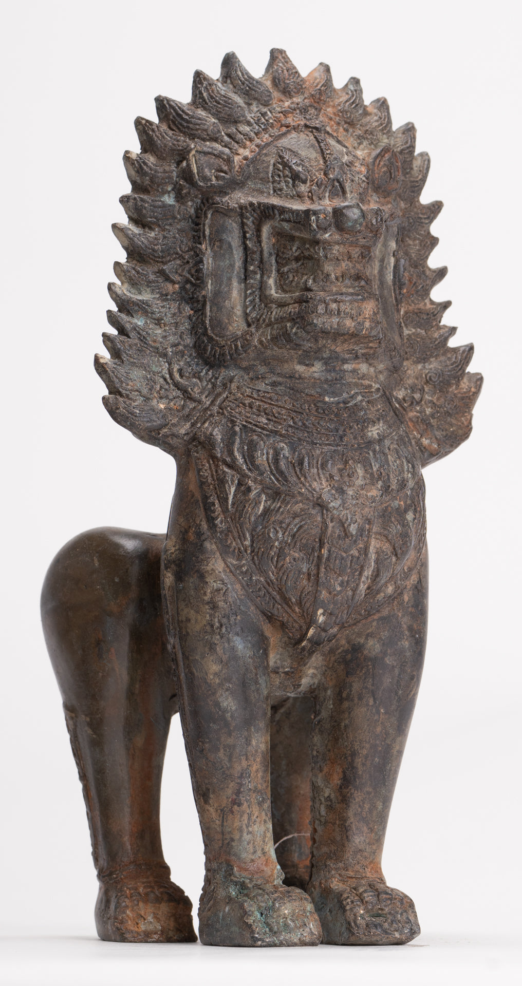 Temple Lions - Antique Thai Style Bronze Standing Singha Temple Guardians or Lions - 19cm/8" (Pair)