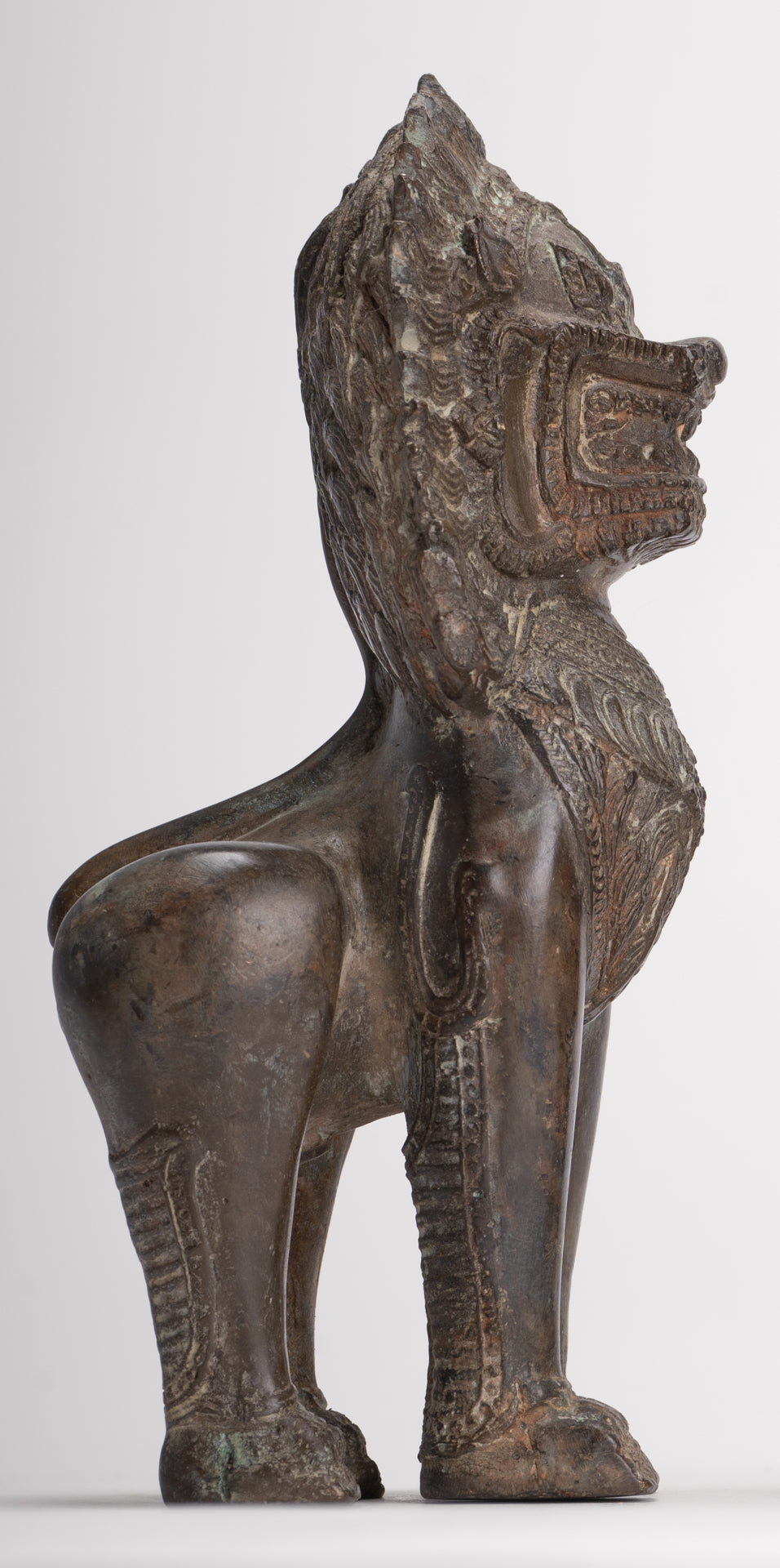 Temple Lions - Antique Thai Style Bronze Standing Singha Temple Guardians or Lions - 19cm/8" (Pair)