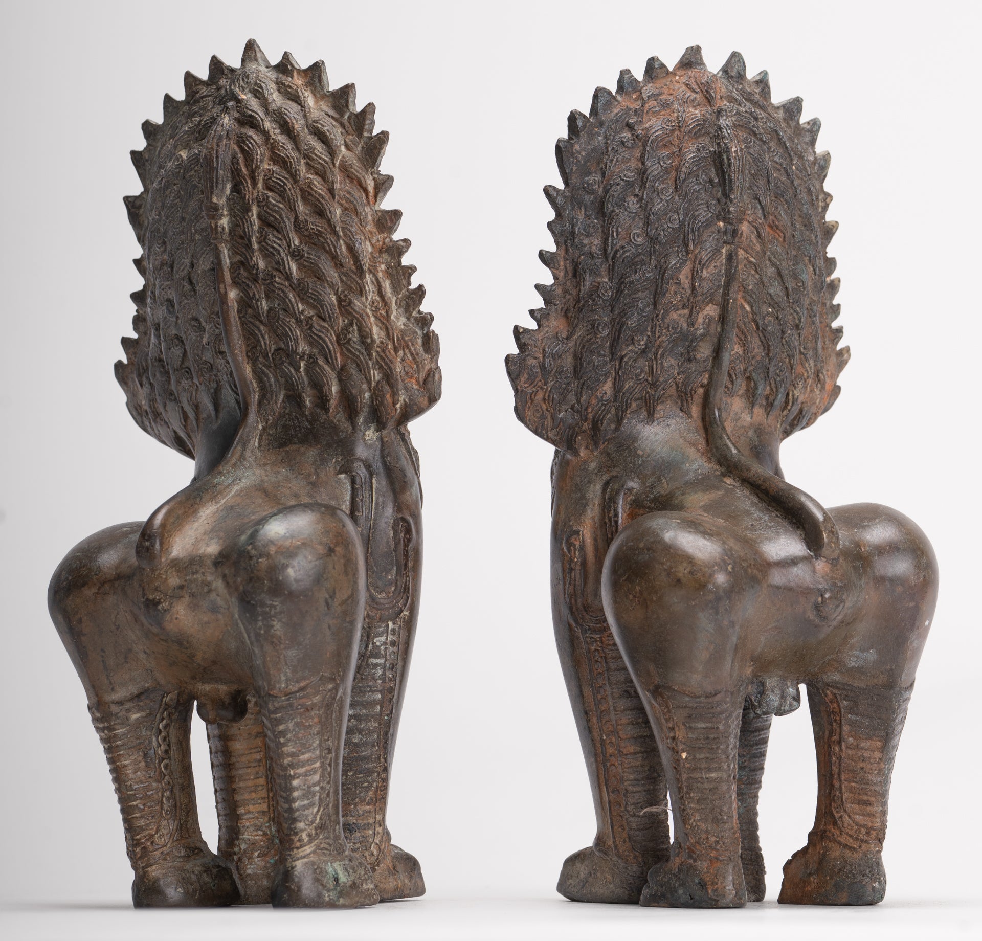 Temple Lions - Antique Thai Style Bronze Standing Singha Temple Guardians or Lions - 19cm/8" (Pair)