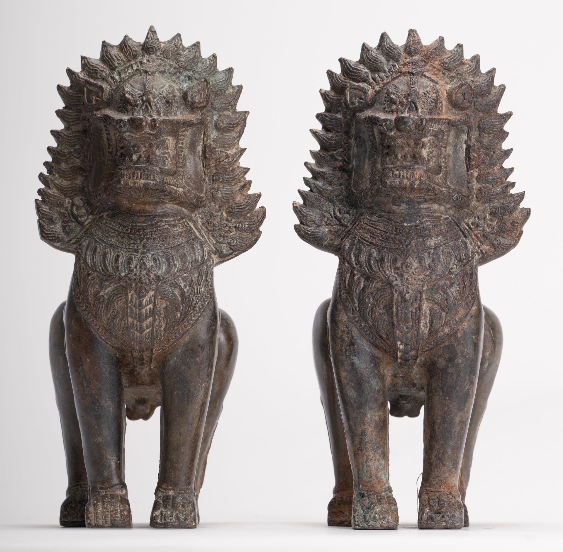 Temple Lions - Antique Thai Style Bronze Standing Singha Temple Guardians or Lions - 19cm/8" (Pair)