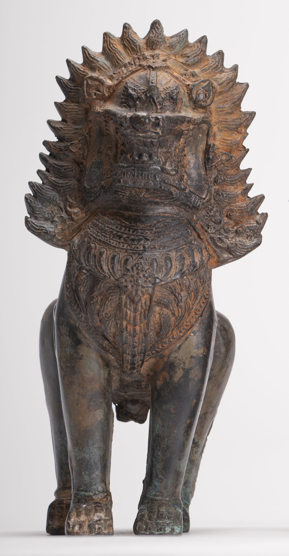 Temple Lions - Antique Thai Style Bronze Standing Singha Temple Guardians or Lions - 19cm/8" (Pair)