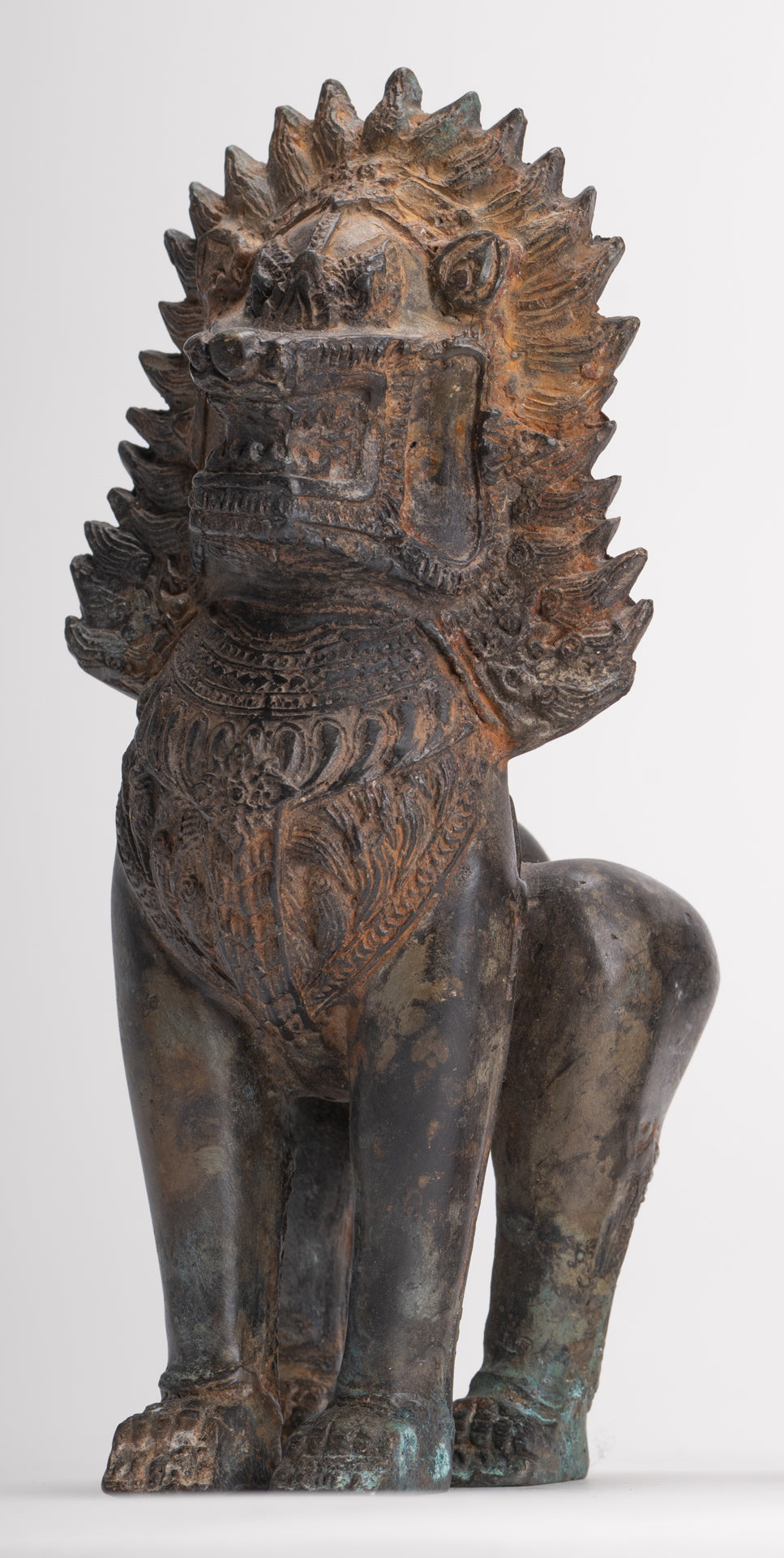 Temple Lions - Antique Thai Style Bronze Standing Singha Temple Guardians or Lions - 19cm/8" (Pair)