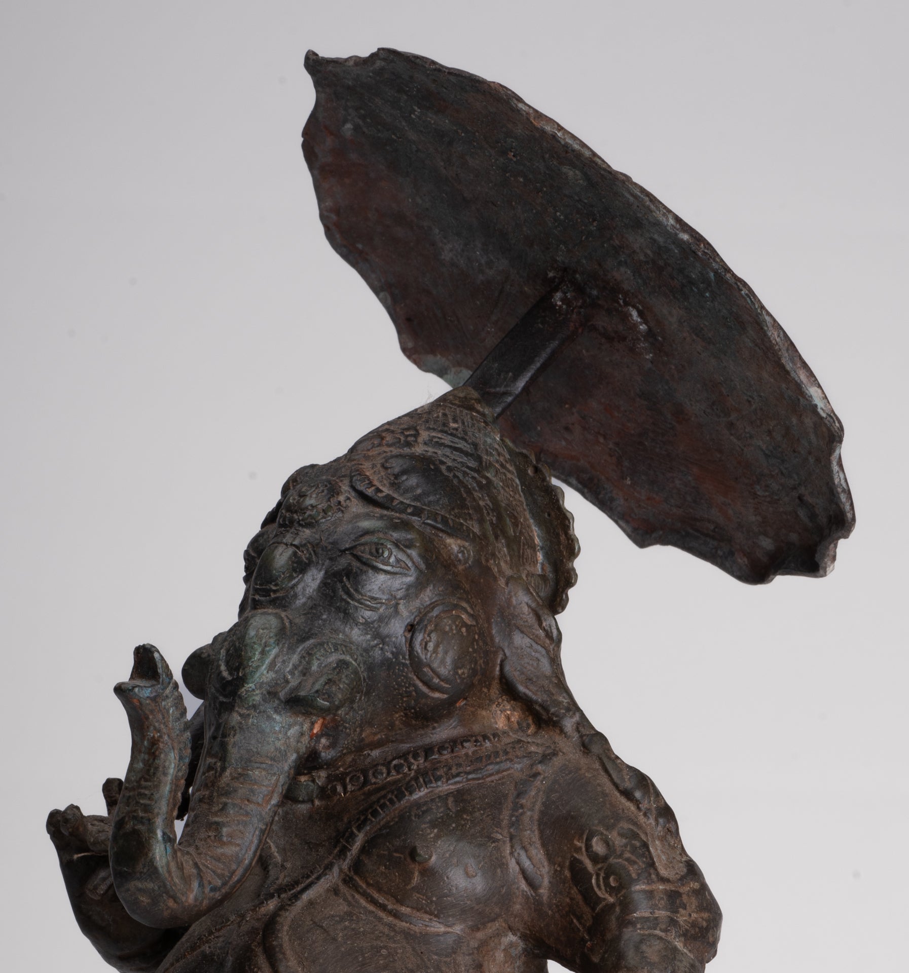 Antique Chola Style Standing Bronze Bridegroom or Mappilai Ganesha Statue w/Umbrella - 37cm/15"