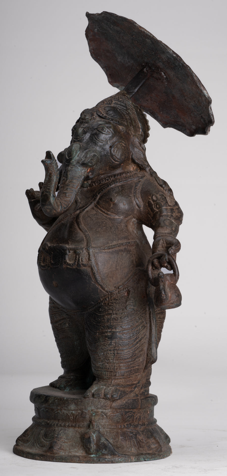 Antique Chola Style Standing Bronze Bridegroom or Mappilai Ganesha Statue w/Umbrella - 37cm/15"