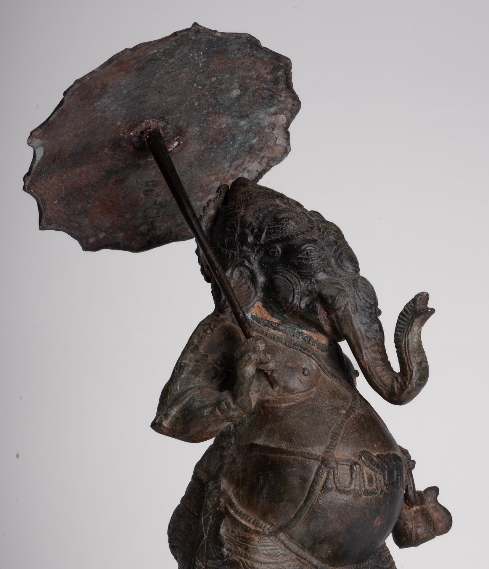 Antique Chola Style Standing Bronze Bridegroom or Mappilai Ganesha Statue w/Umbrella - 37cm/15"
