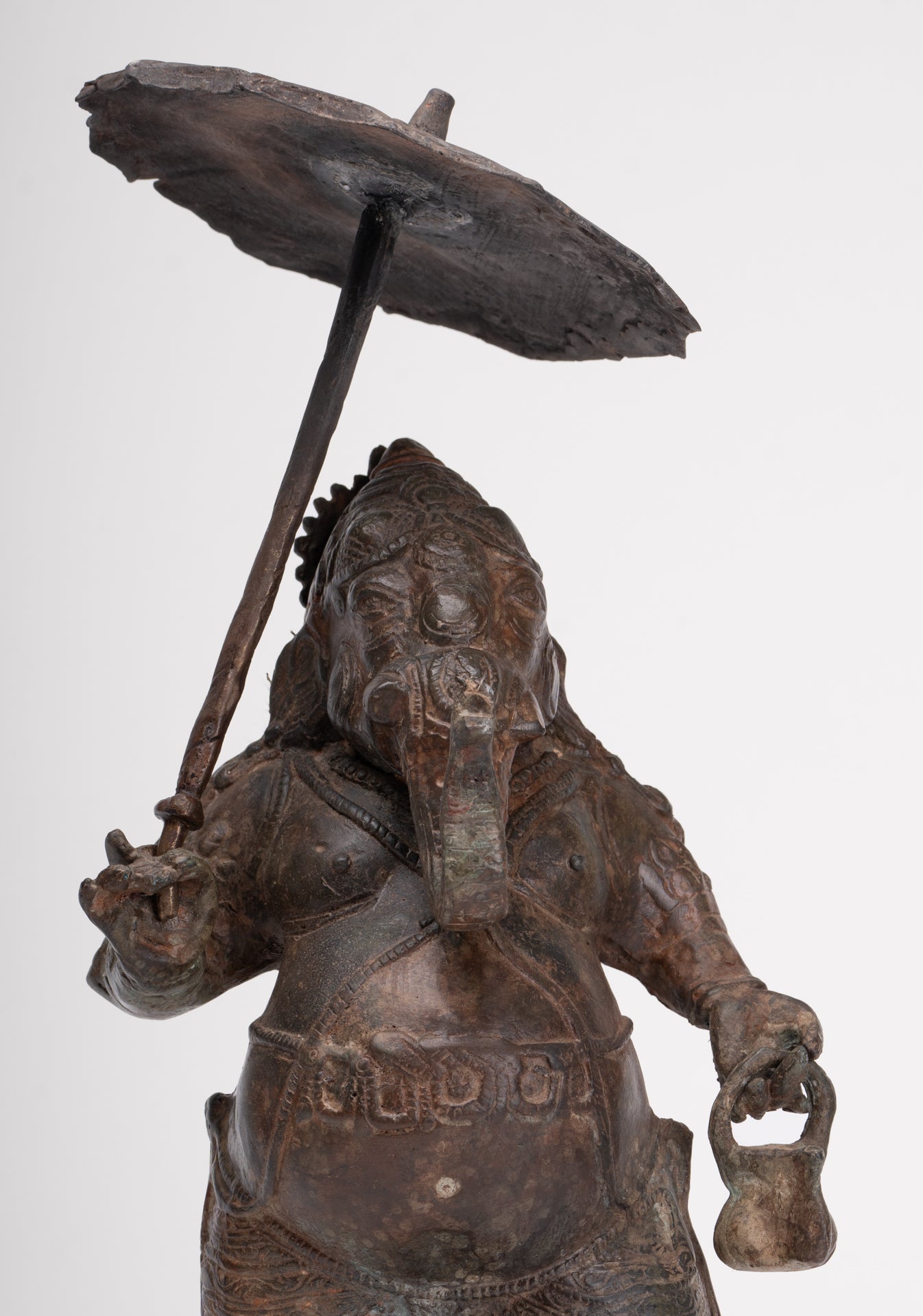 Antique Chola Style Standing Bronze Bridegroom or Mappillai Ganesha Statue w/Umbrella - 39cm/16"