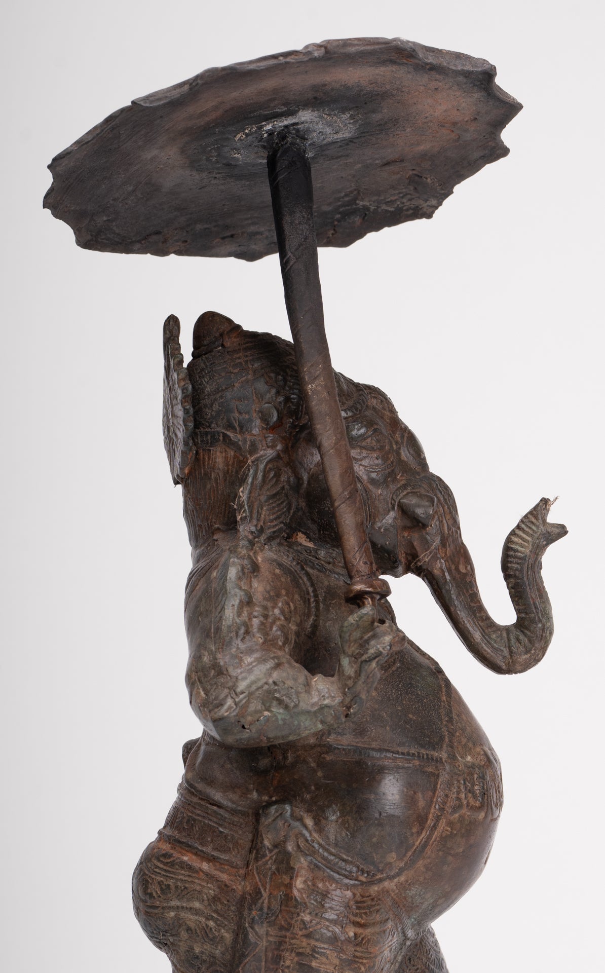 Antique Chola Style Standing Bronze Bridegroom or Mappillai Ganesha Statue w/Umbrella - 39cm/16"