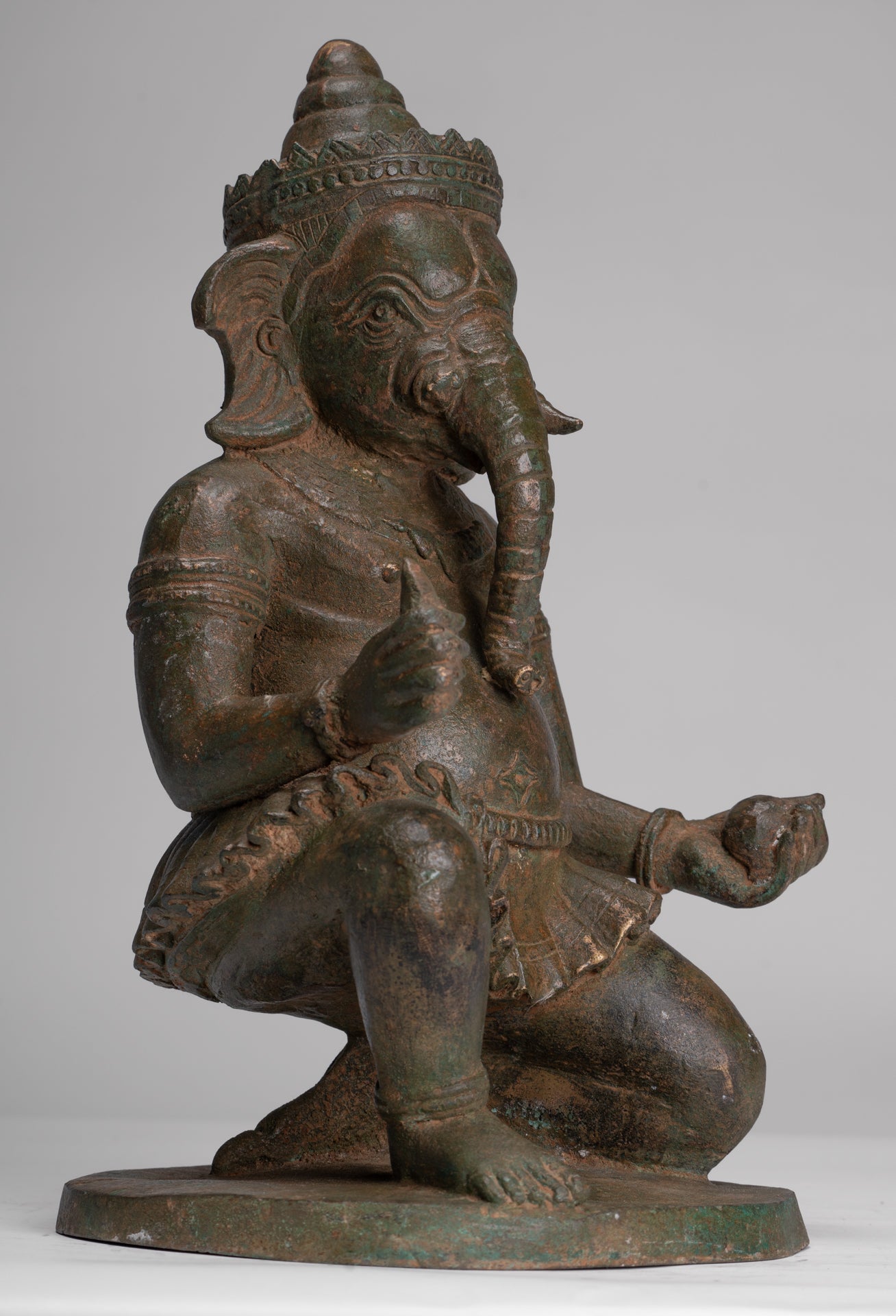 Ganesha Statue - Antique Thai Style Bronze Kneeling Ganesh Statue - 34cm/14"