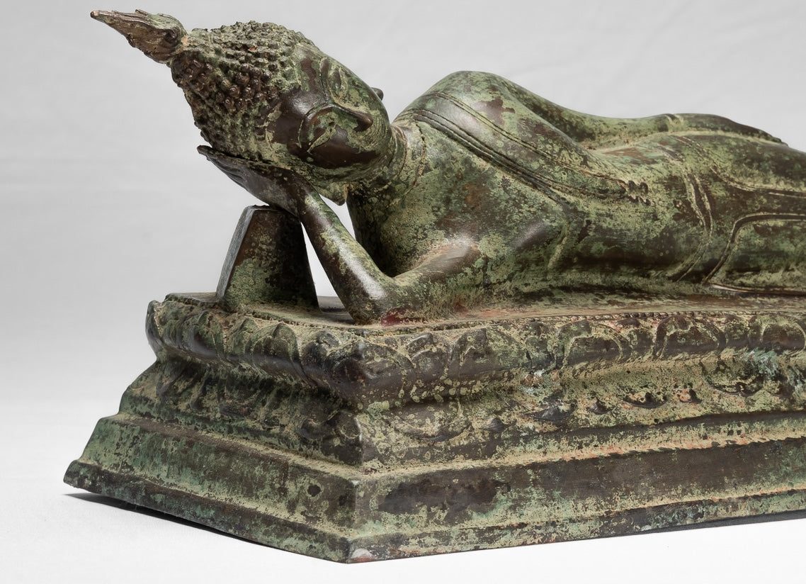 Statue Buddha - Antique Thai Thai Bronzo Sukhothai Reclining Nirvana Buddha Statua - 54cm/22 "