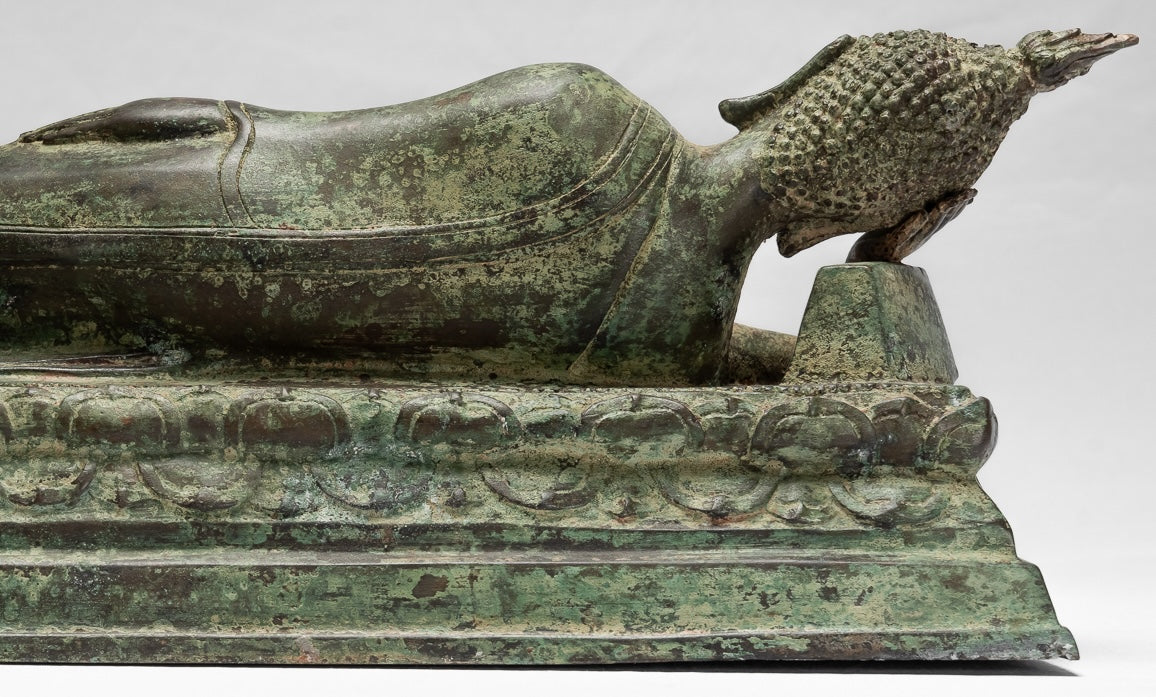 Statue Buddha - Antique Thai Thai Bronzo Sukhothai Reclining Nirvana Buddha Statua - 54cm/22 "